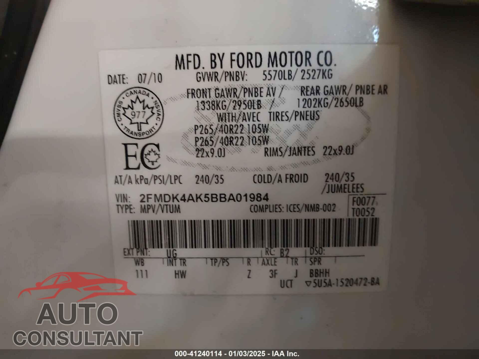 FORD EDGE 2011 - 2FMDK4AK5BBA01984