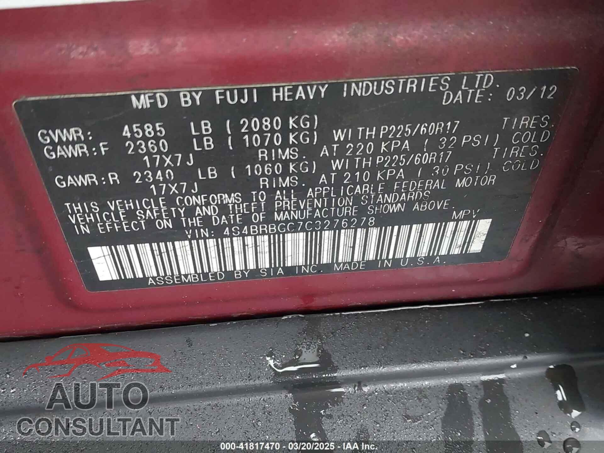 SUBARU OUTBACK 2012 - 4S4BRBGC7C3276278