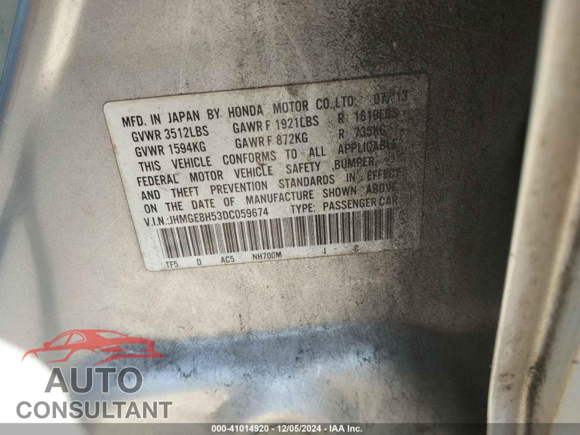 HONDA FIT 2013 - JHMGE8H53DC059674