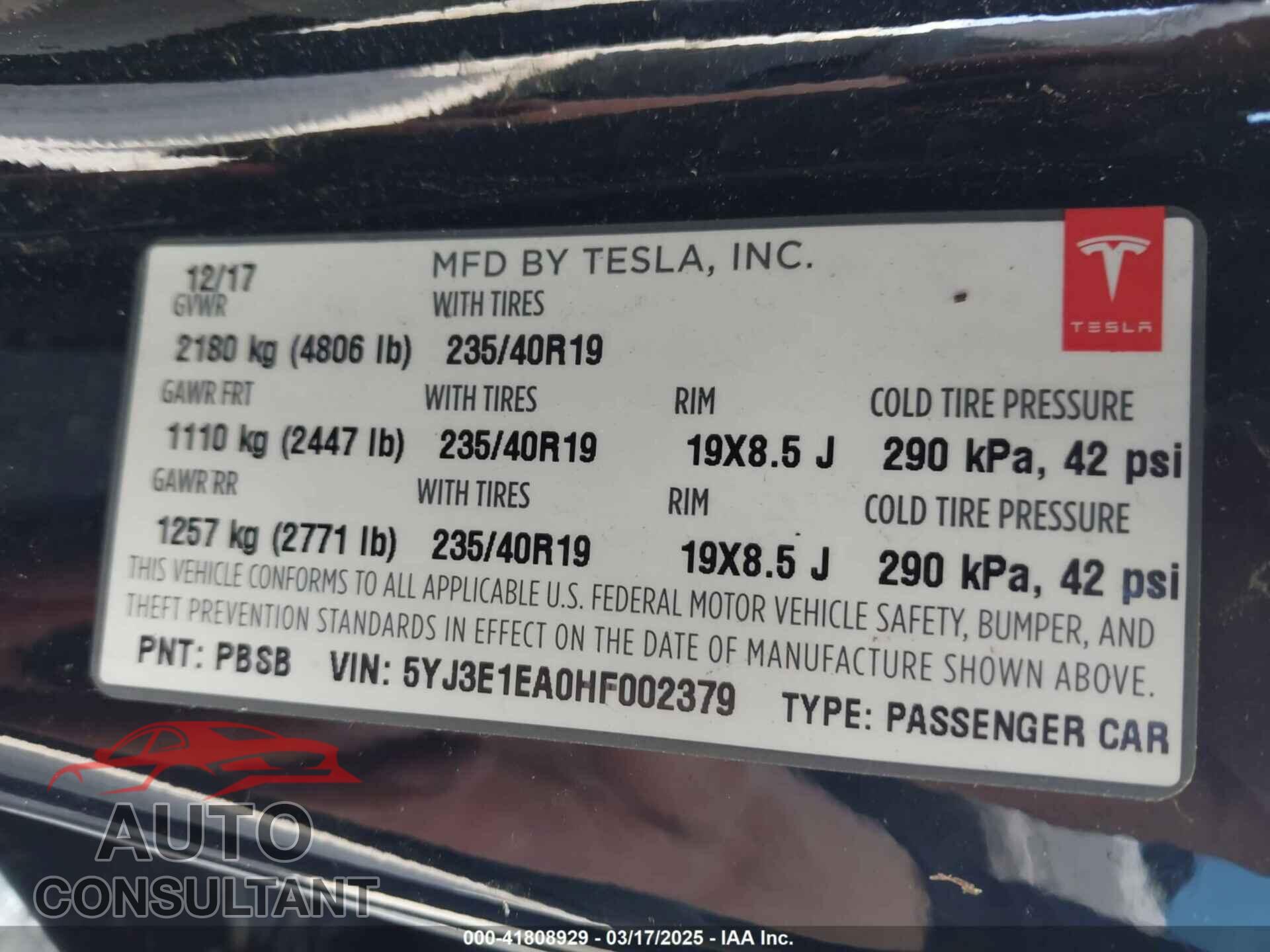 TESLA MODEL 3 2017 - 5YJ3E1EA0HF002379