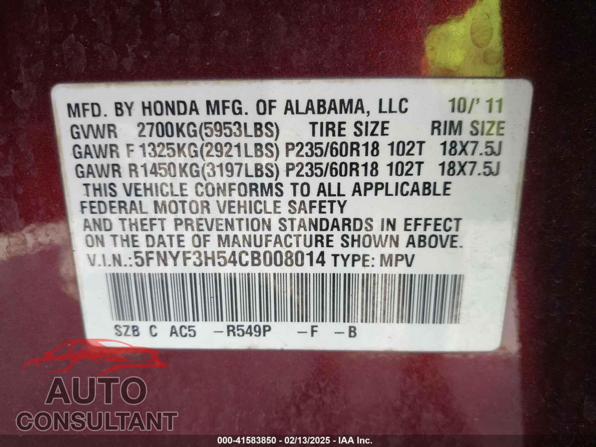 HONDA PILOT 2012 - 5FNYF3H54CB008014