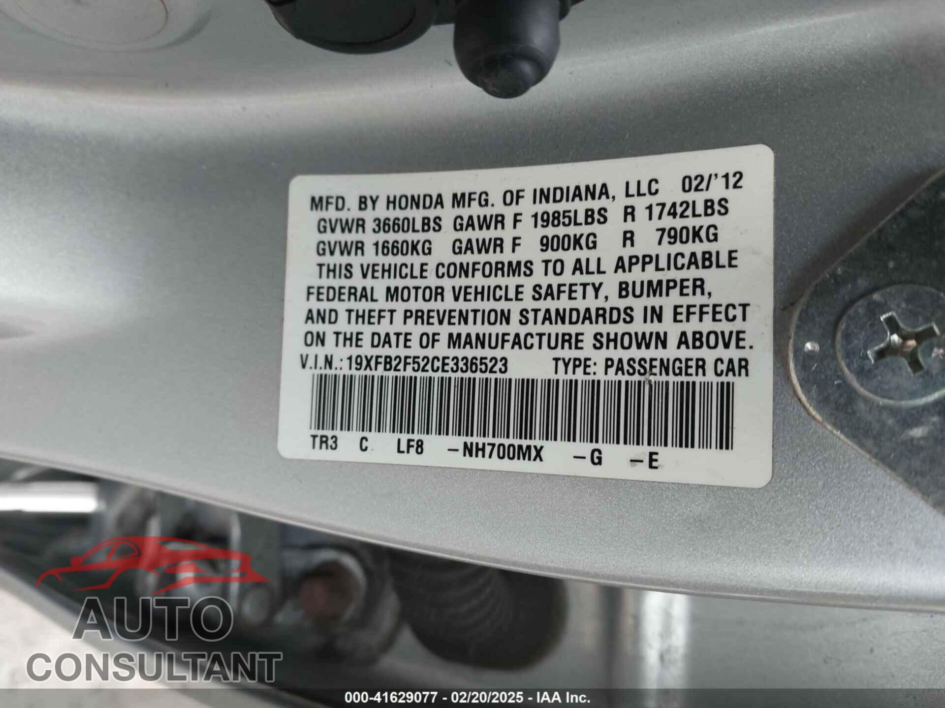 HONDA CIVIC 2012 - 19XFB2F52CE336523