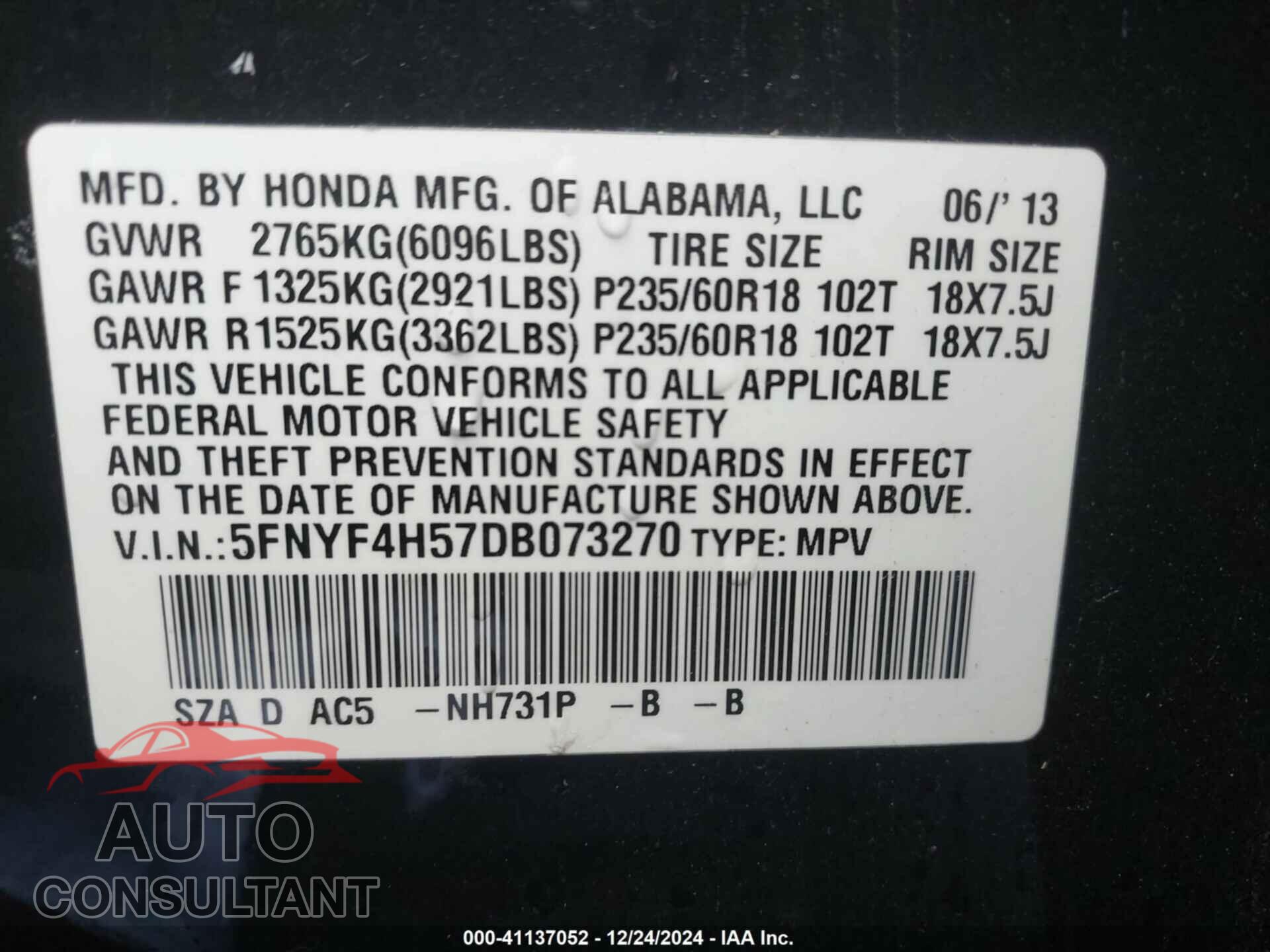HONDA PILOT 2013 - 5FNYF4H57DB073270