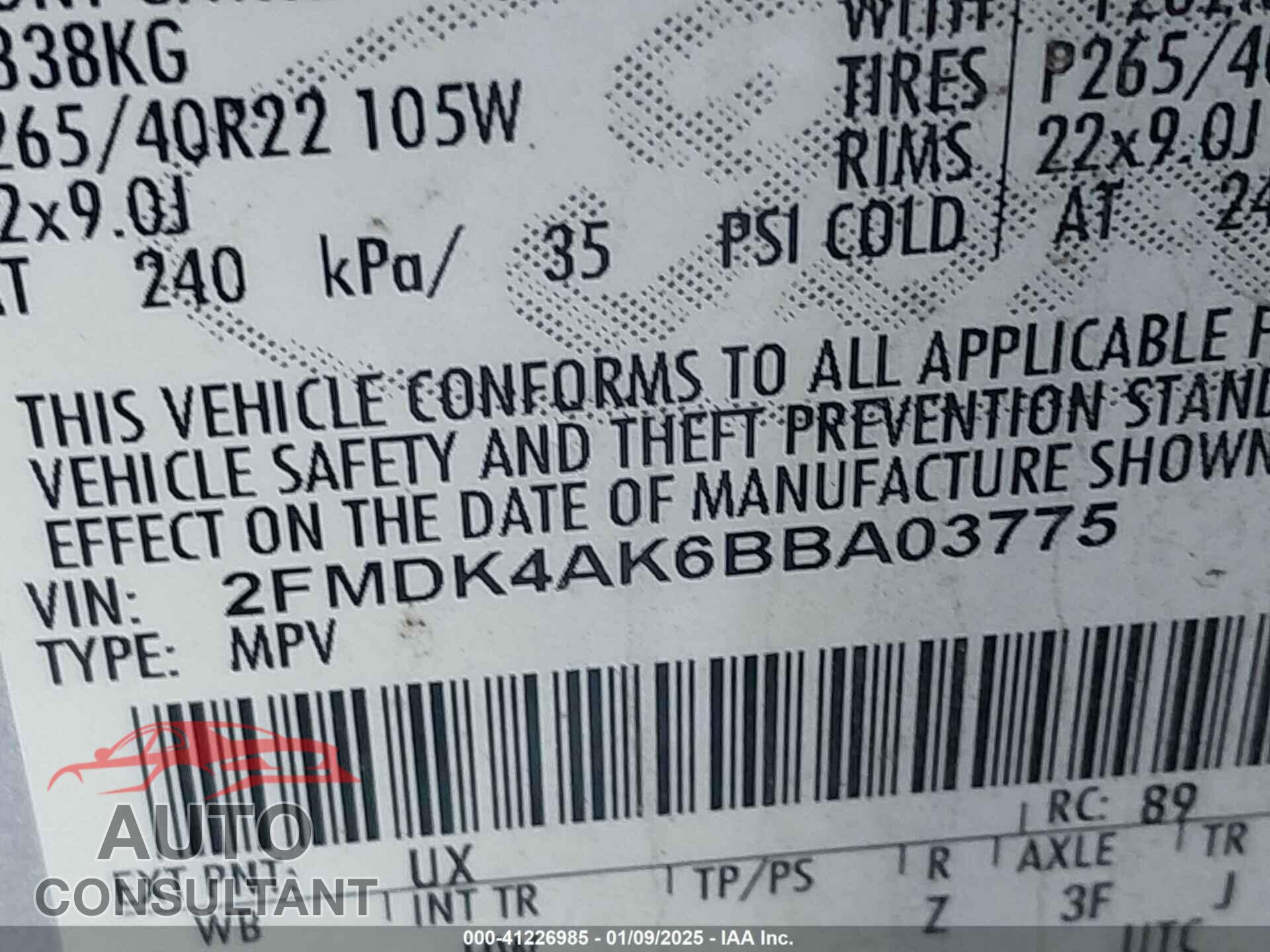 FORD EDGE 2011 - 2FMDK4AK6BBA03775