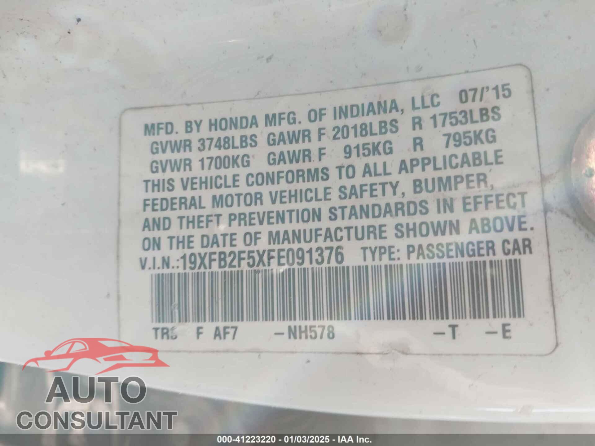 HONDA CIVIC 2015 - 19XFB2F5XFE091376