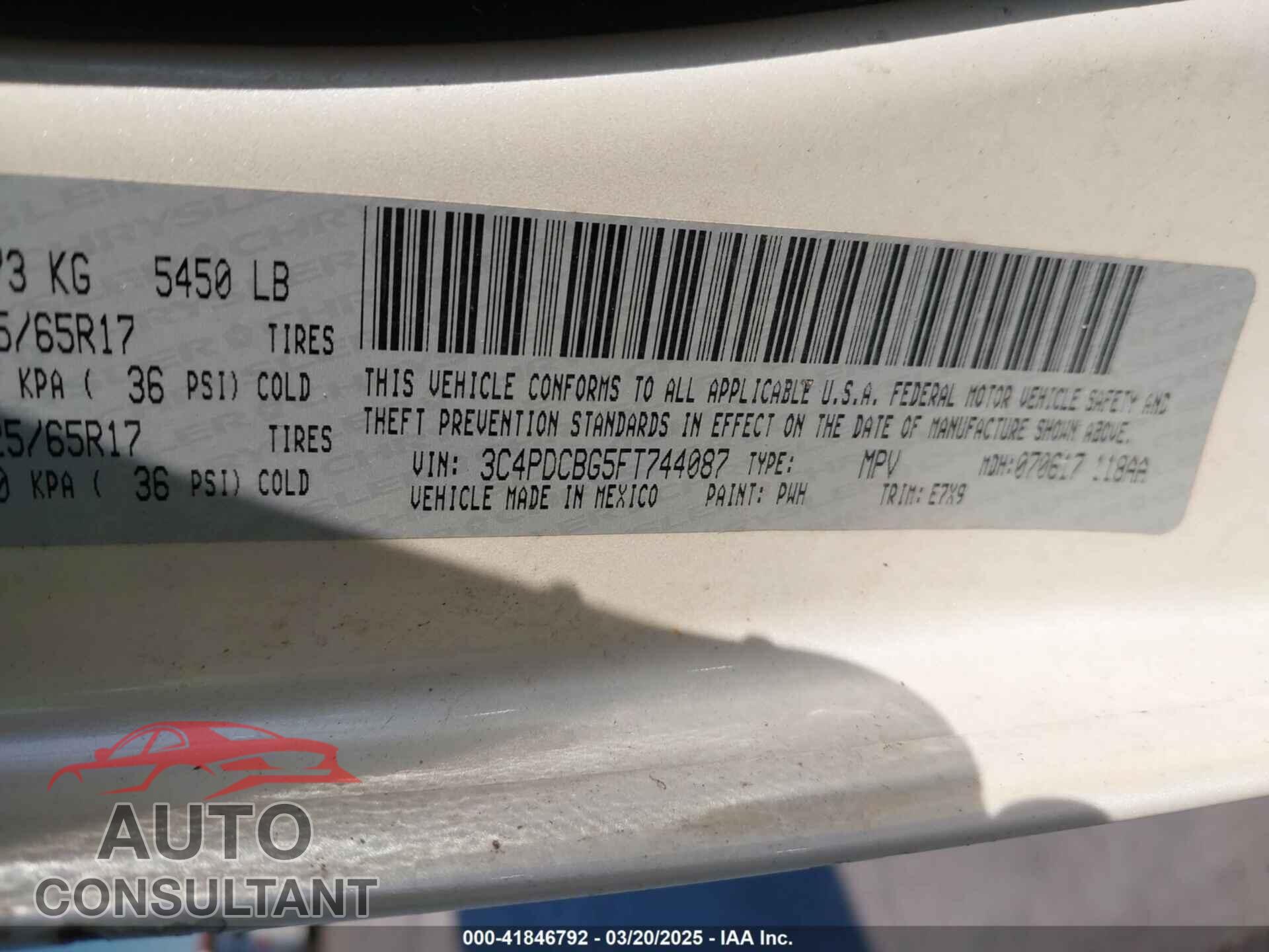 DODGE JOURNEY 2015 - 3C4PDCBG5FT744087