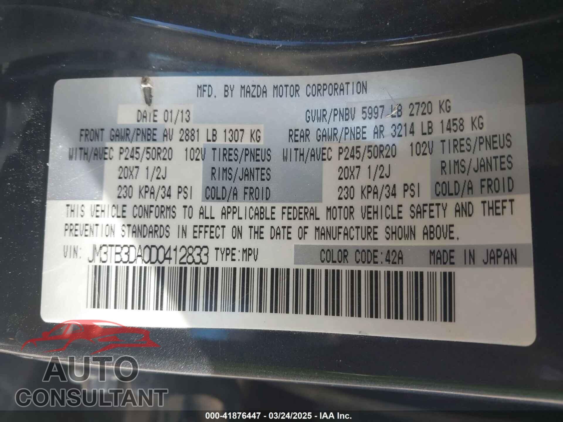 MAZDA CX-9 2013 - JM3TB3DA0D0412833