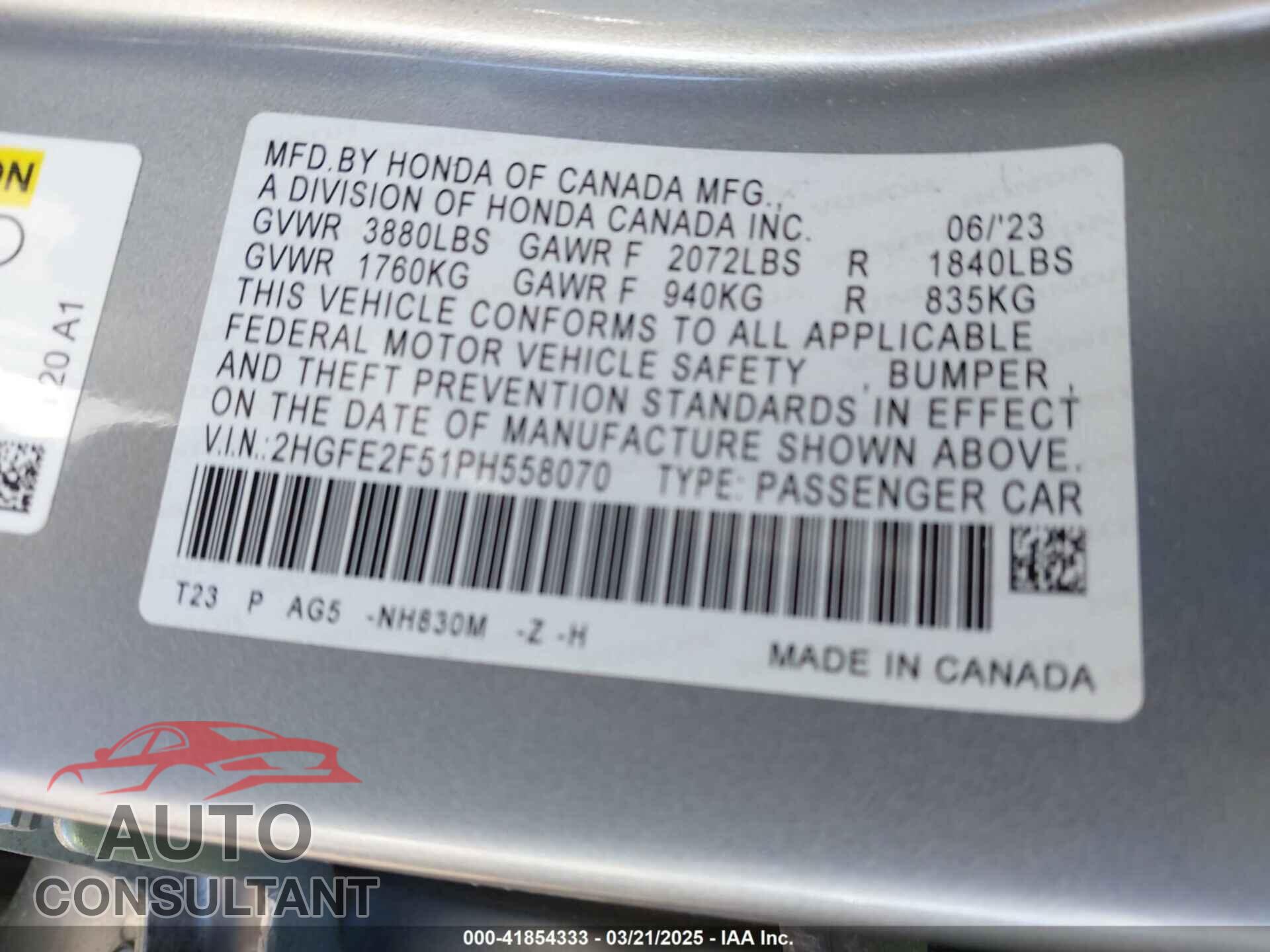 HONDA CIVIC 2023 - 2HGFE2F51PH558070