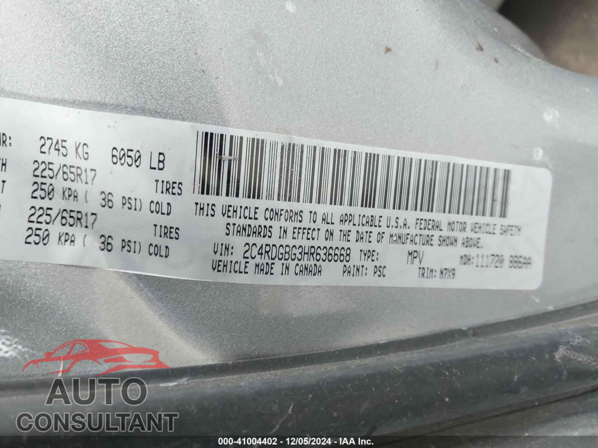 DODGE GRAND CARAVAN 2017 - 2C4RDGBG3HR636668