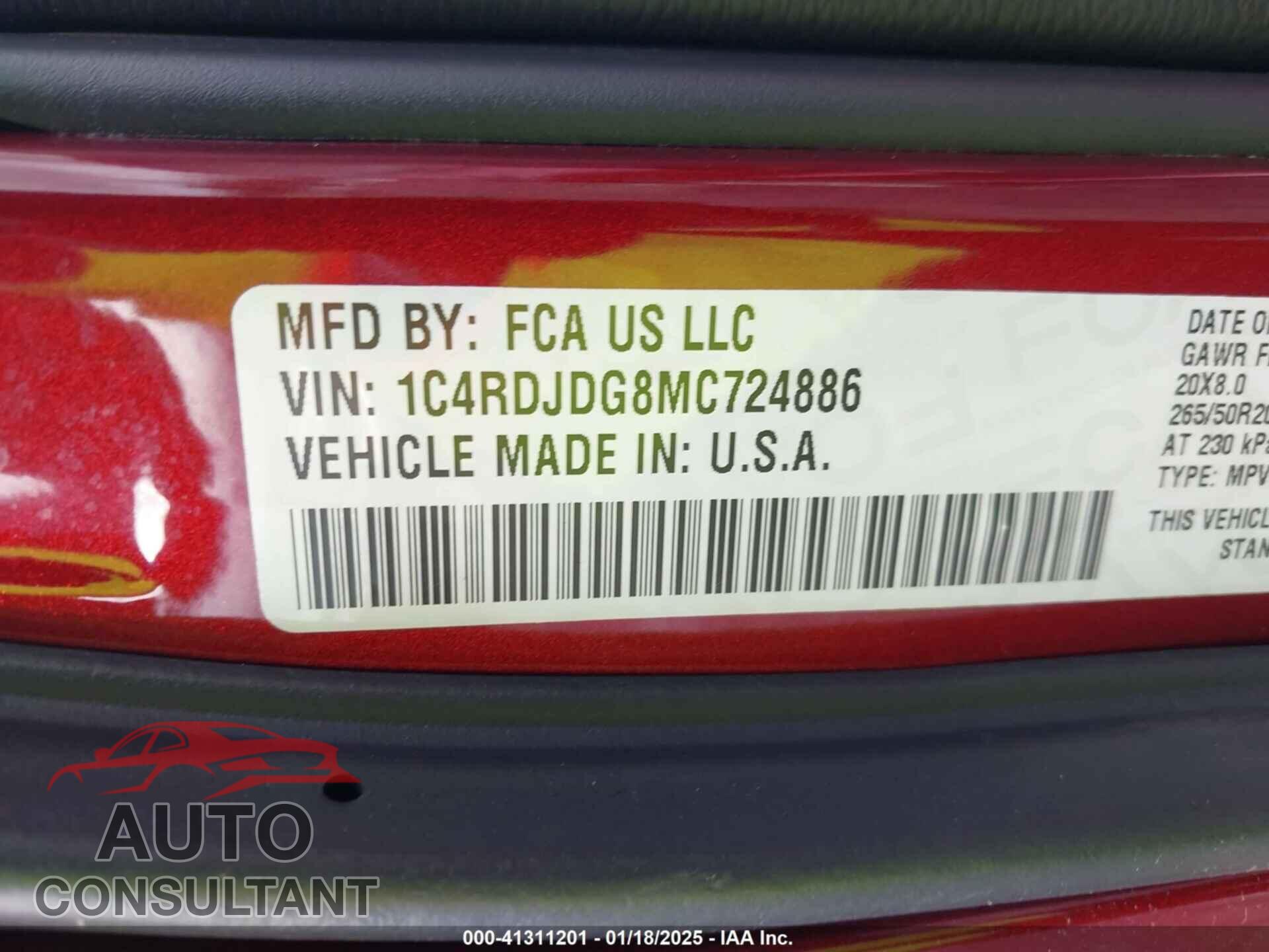 DODGE DURANGO 2021 - 1C4RDJDG8MC724886