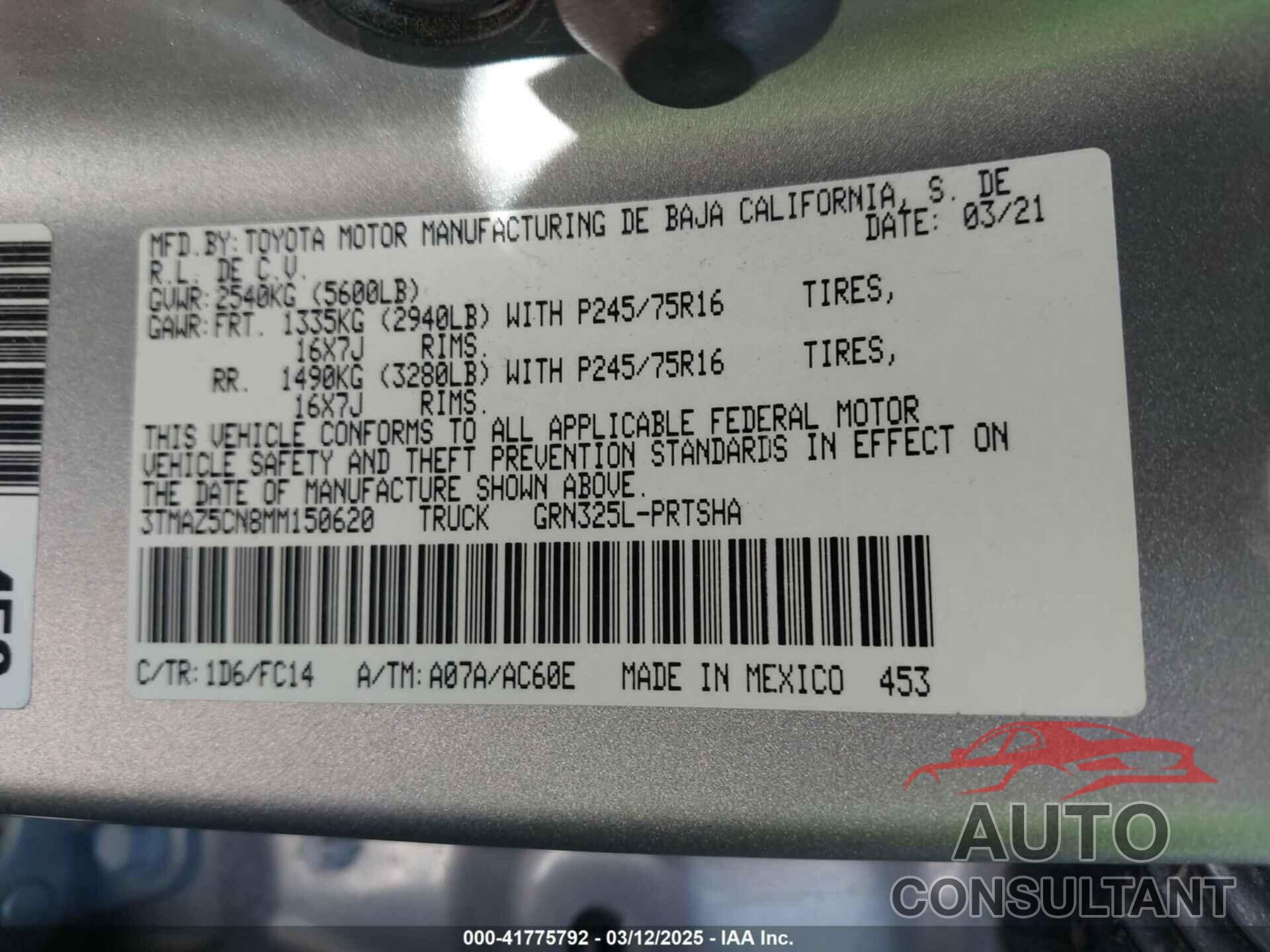 TOYOTA TACOMA 2021 - 3TMAZ5CN8MM150620