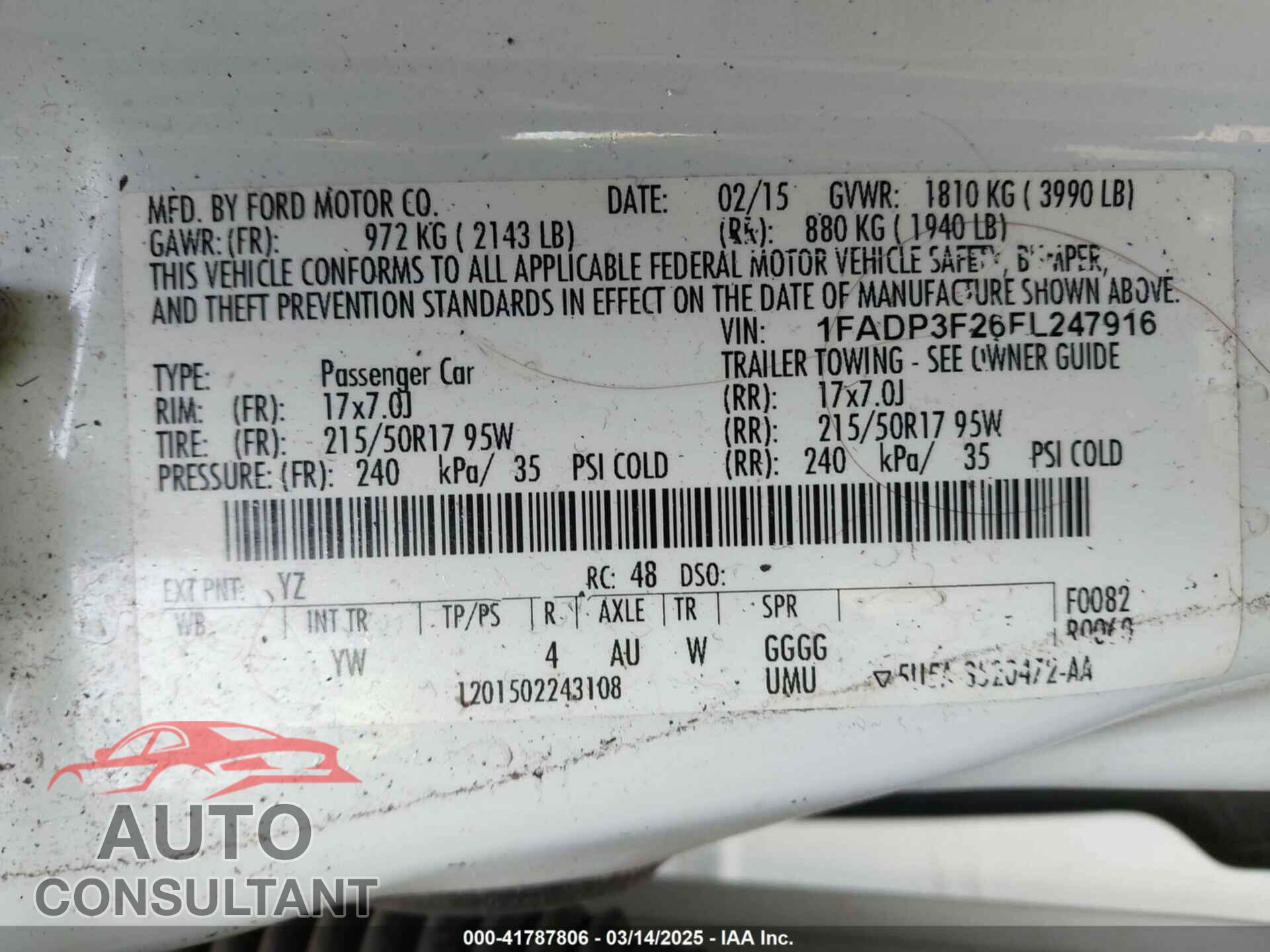 FORD FOCUS 2015 - 1FADP3F26FL247916