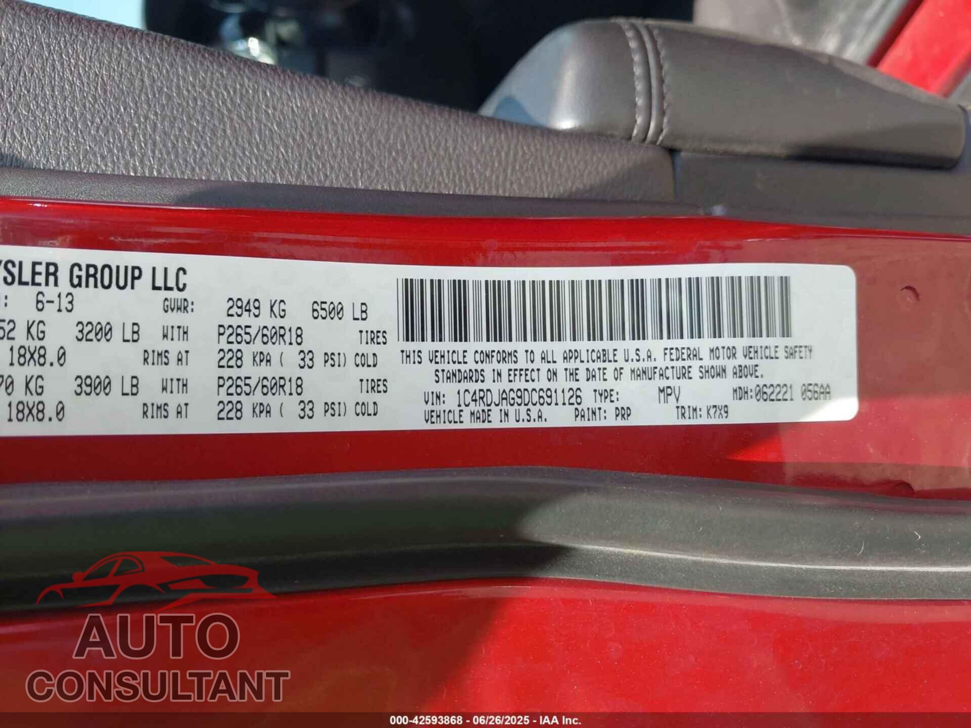 DODGE DURANGO 2013 - 1C4RDJAG9DC691126