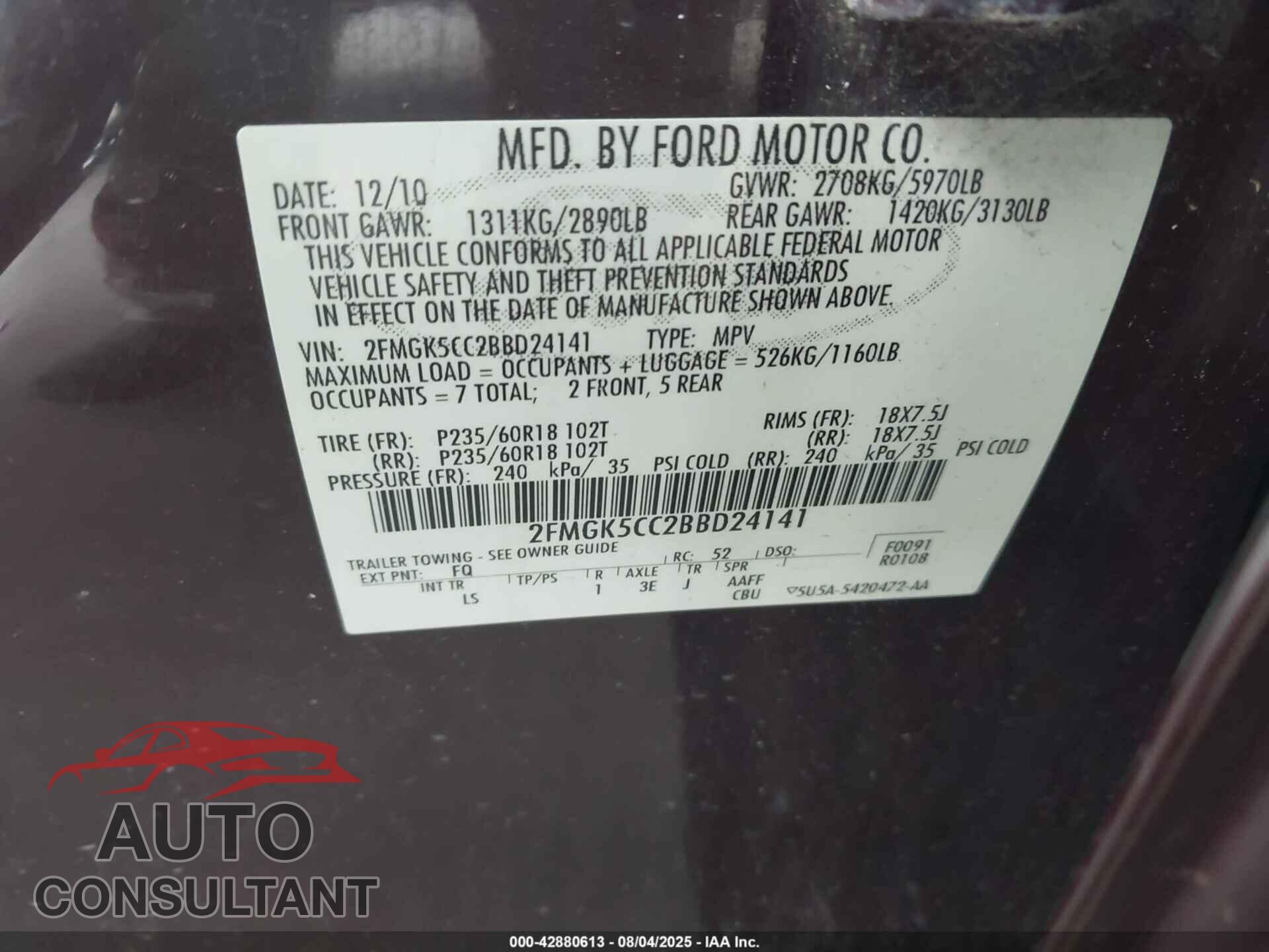 FORD FLEX 2011 - 2FMGK5CC2BBD24141