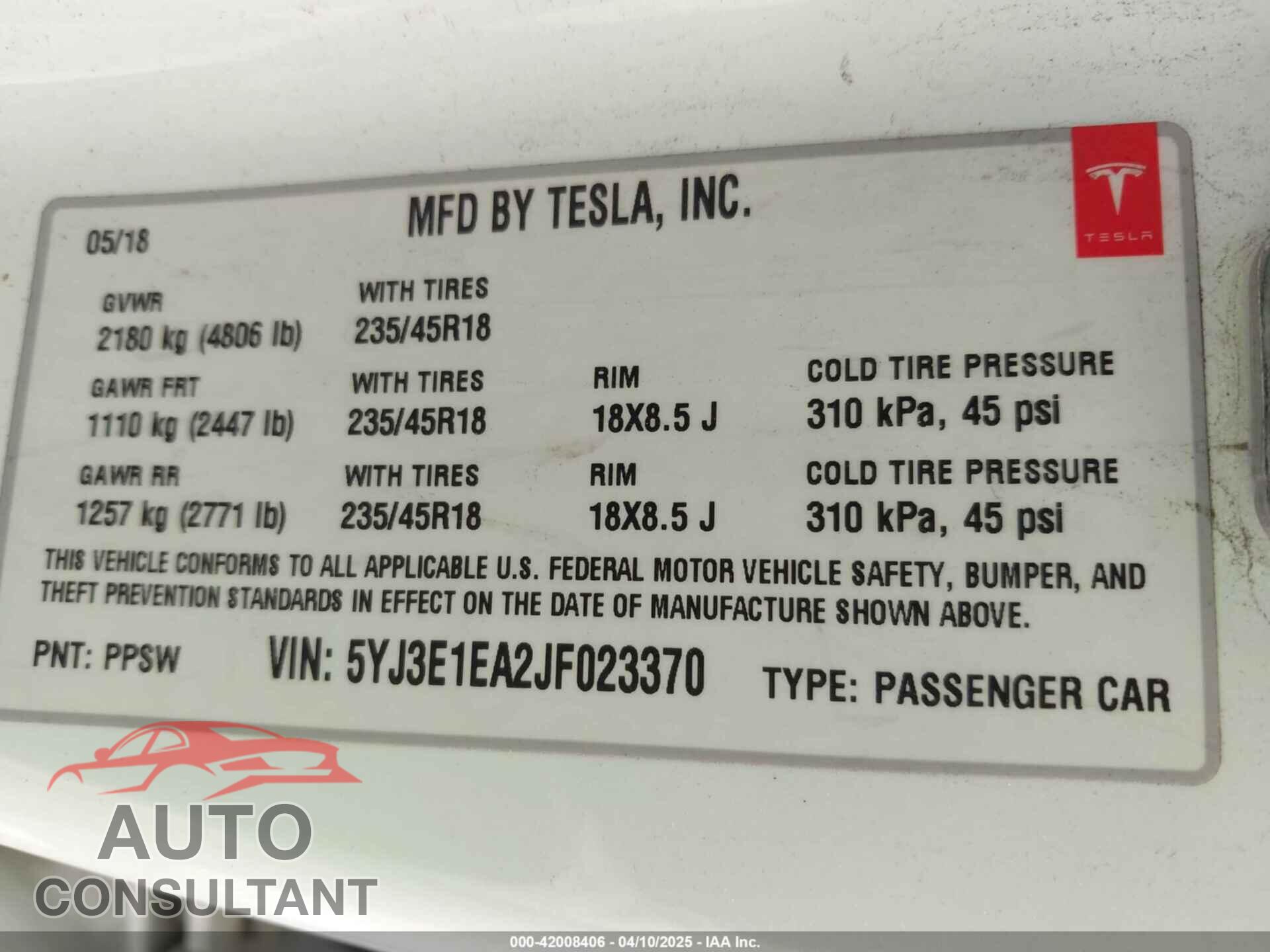 TESLA MODEL 3 2018 - 5YJ3E1EA2JF023370