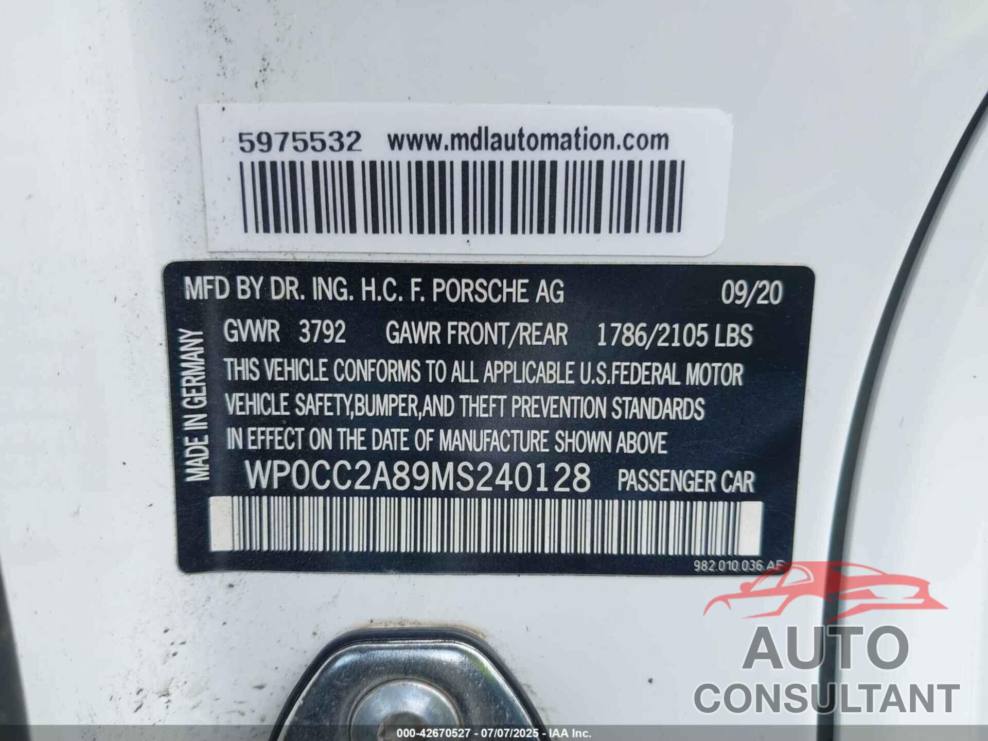 PORSCHE 718 SPYDER 2021 - WP0CC2A89MS240128