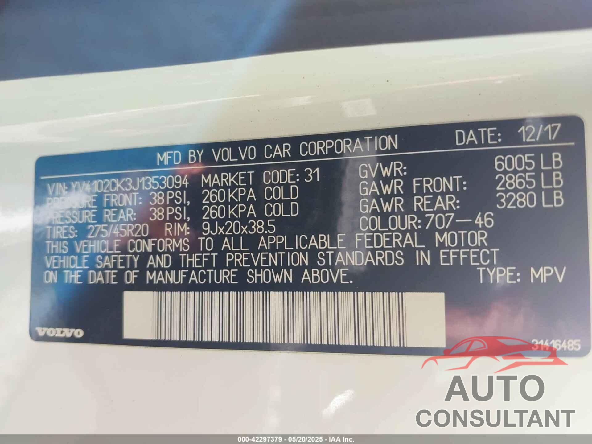 VOLVO XC90 2018 - YV4102CK3J1353094