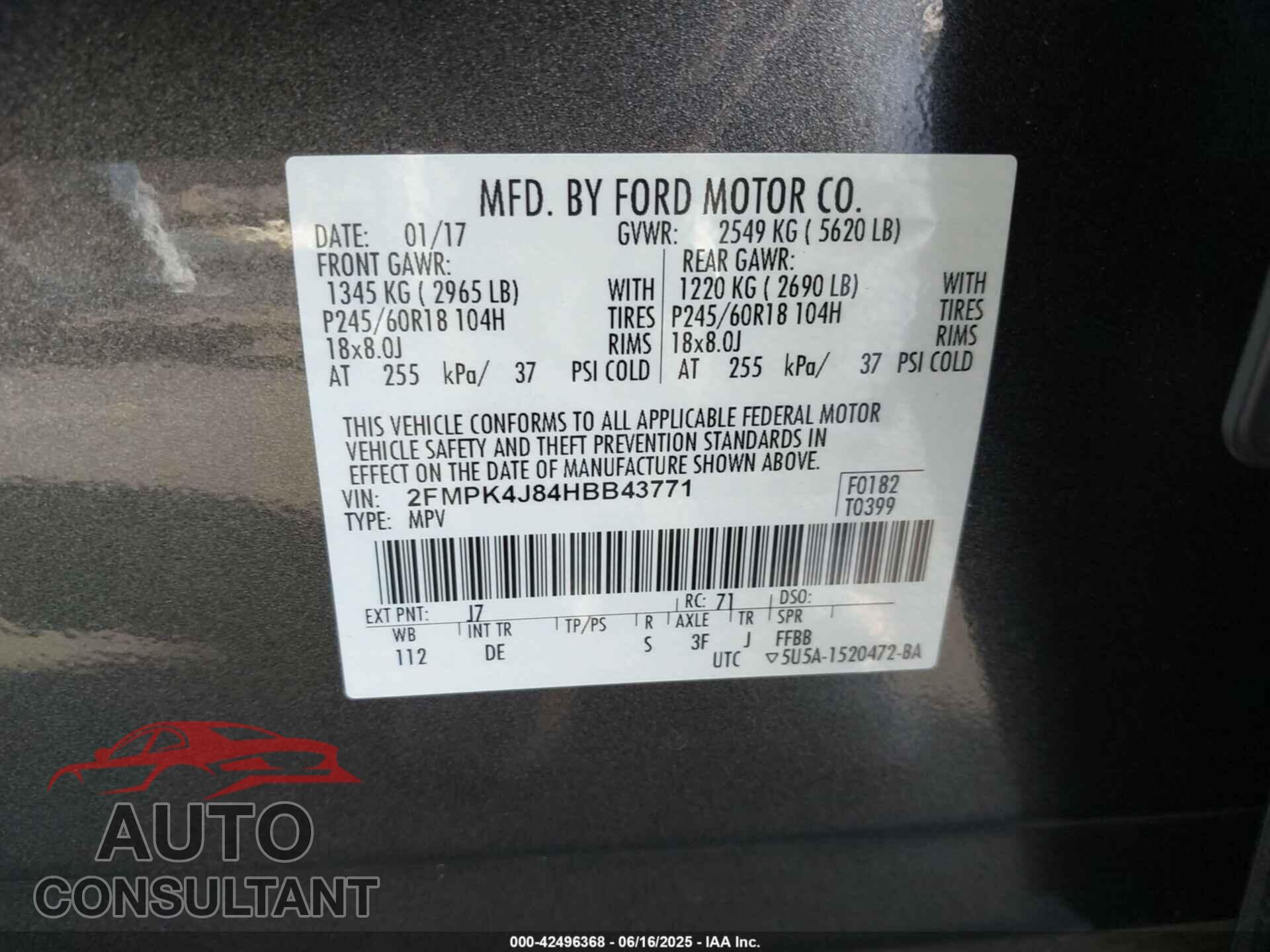 FORD EDGE 2017 - 2FMPK4J84HBB43771