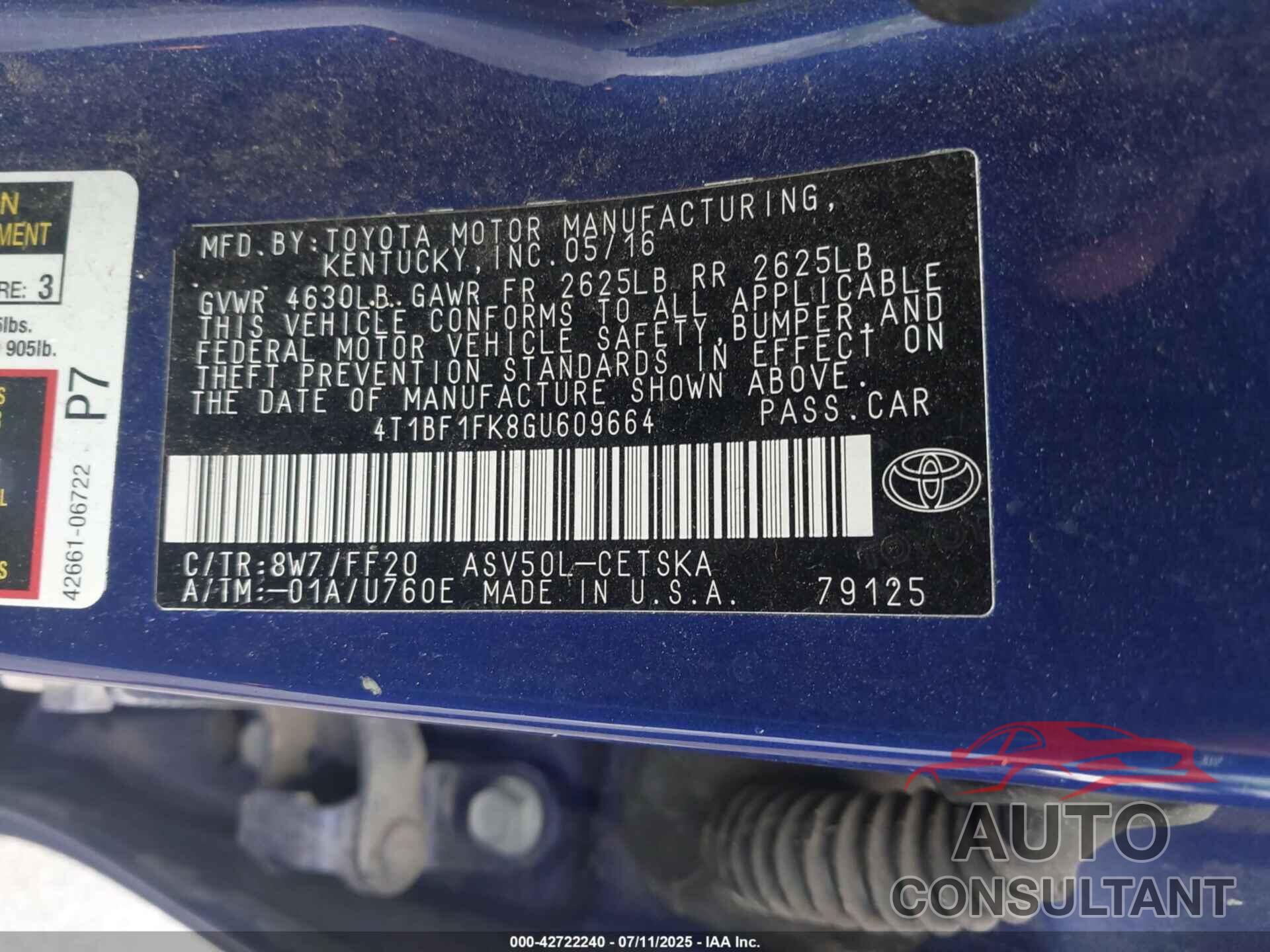 TOYOTA CAMRY 2016 - 4T1BF1FK8GU609664