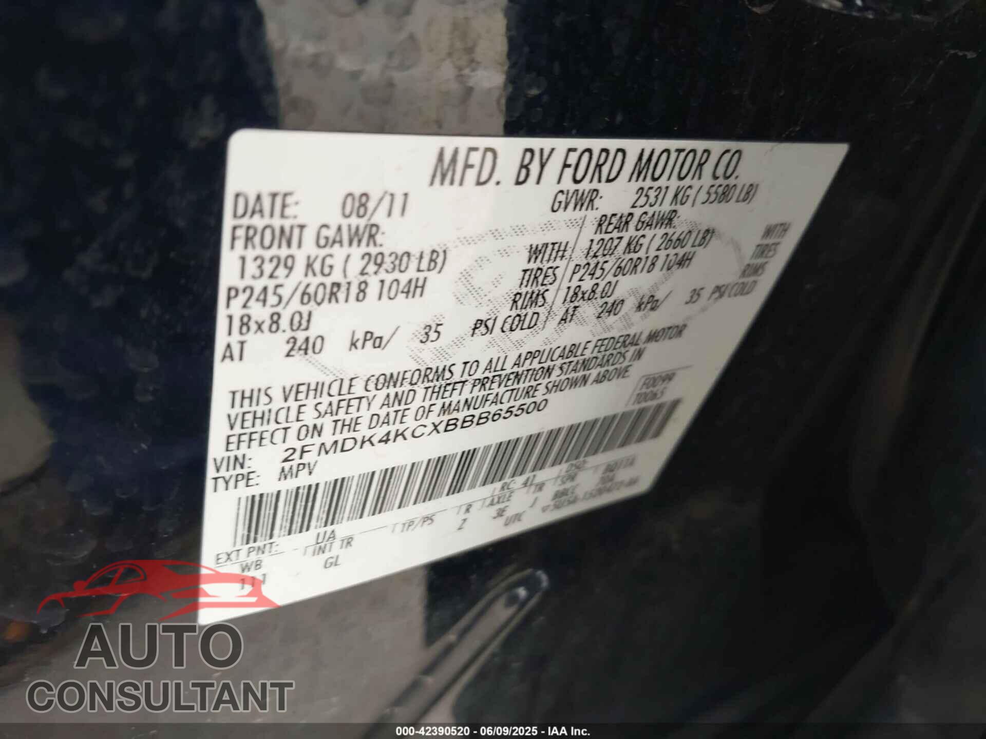 FORD EDGE 2011 - 2FMDK4KCXBBB65500