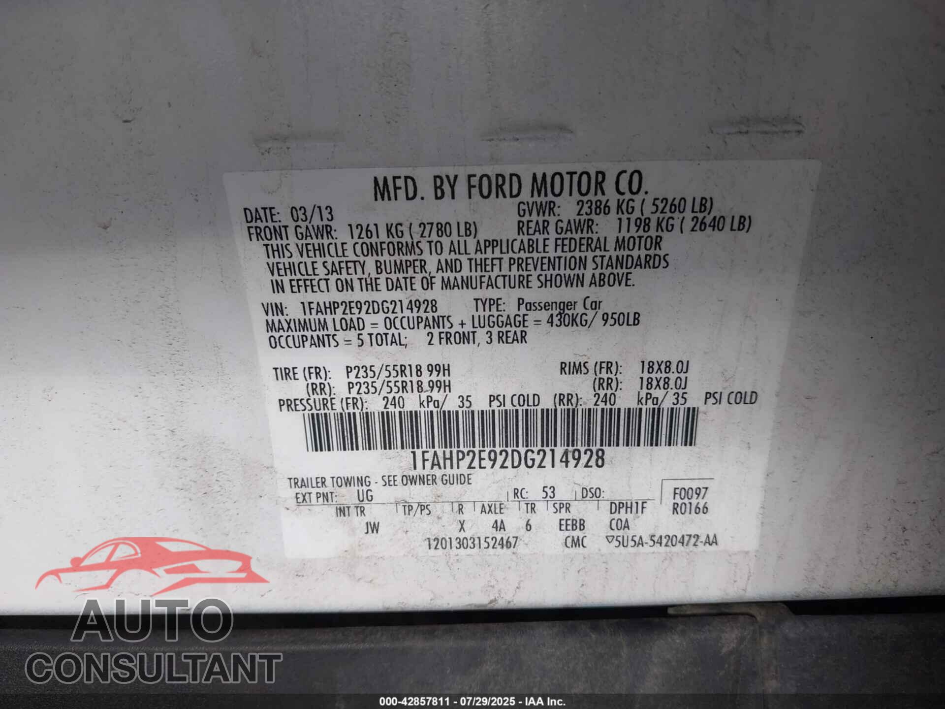 FORD TAURUS 2013 - 1FAHP2E92DG214928
