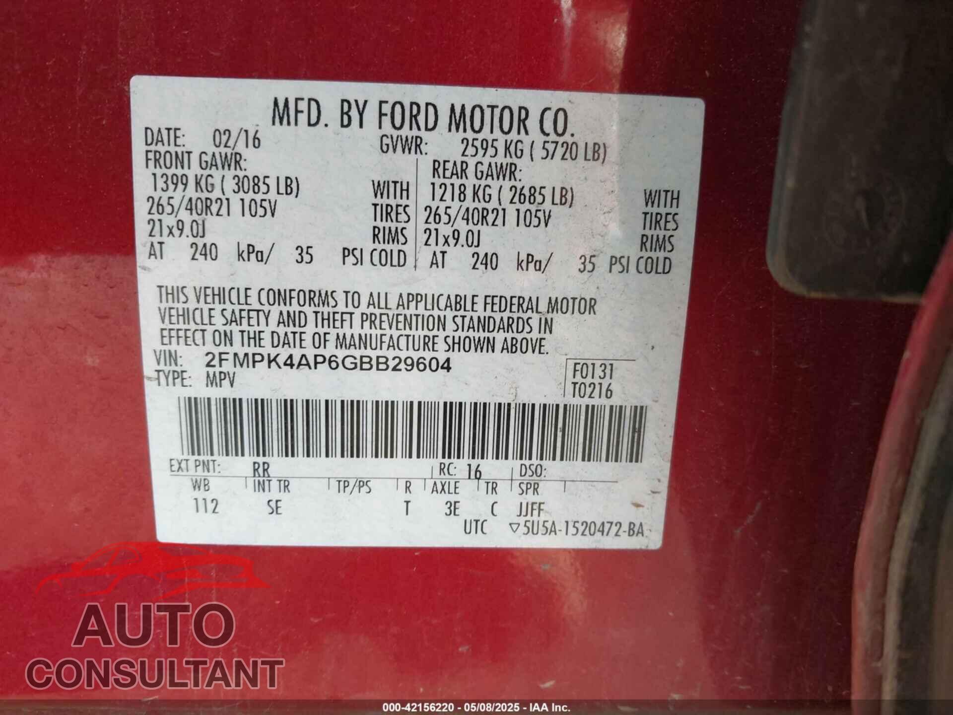 FORD EDGE 2016 - 2FMPK4AP6GBB29604