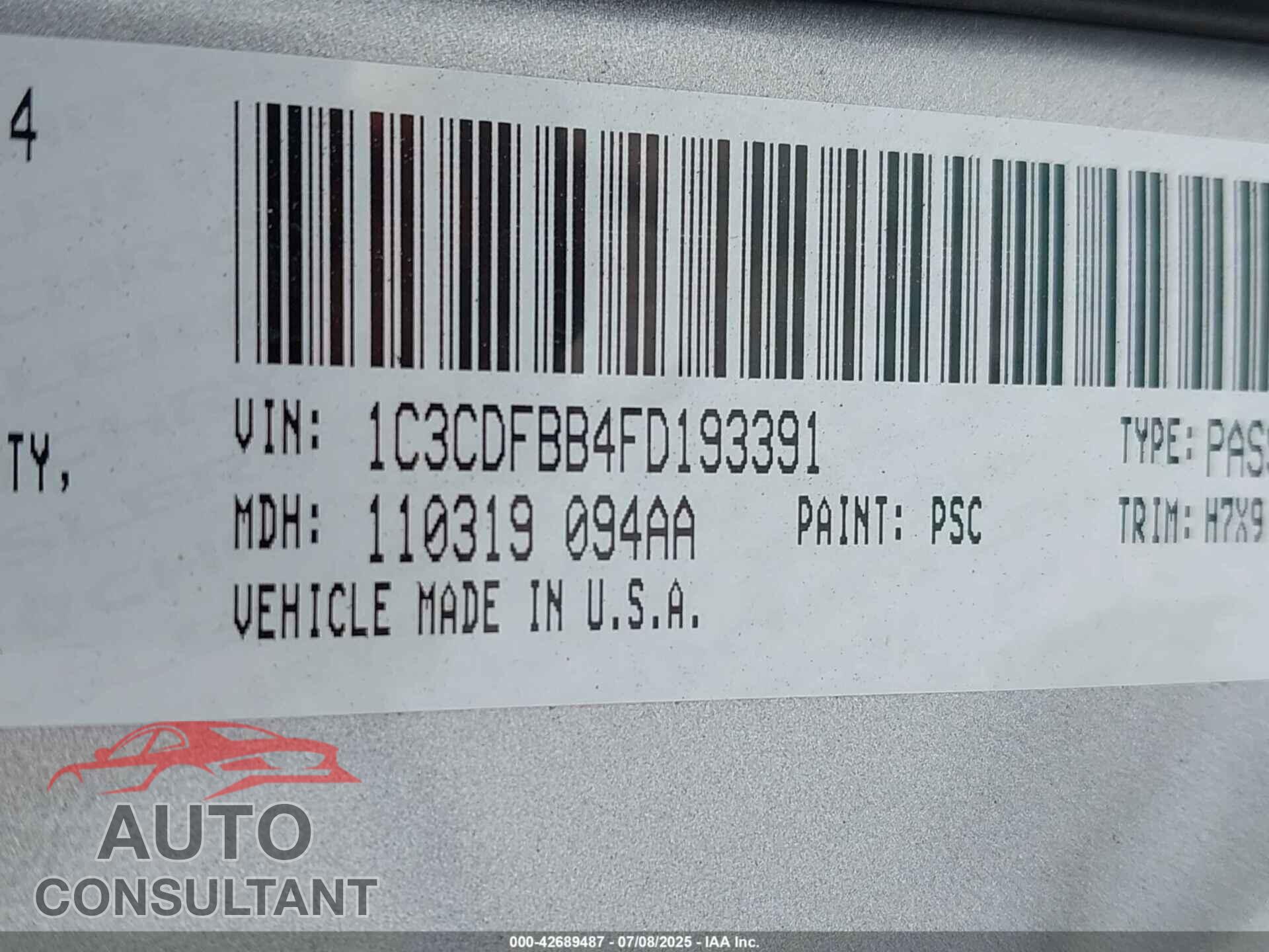 DODGE DART 2015 - 1C3CDFBB4FD193391