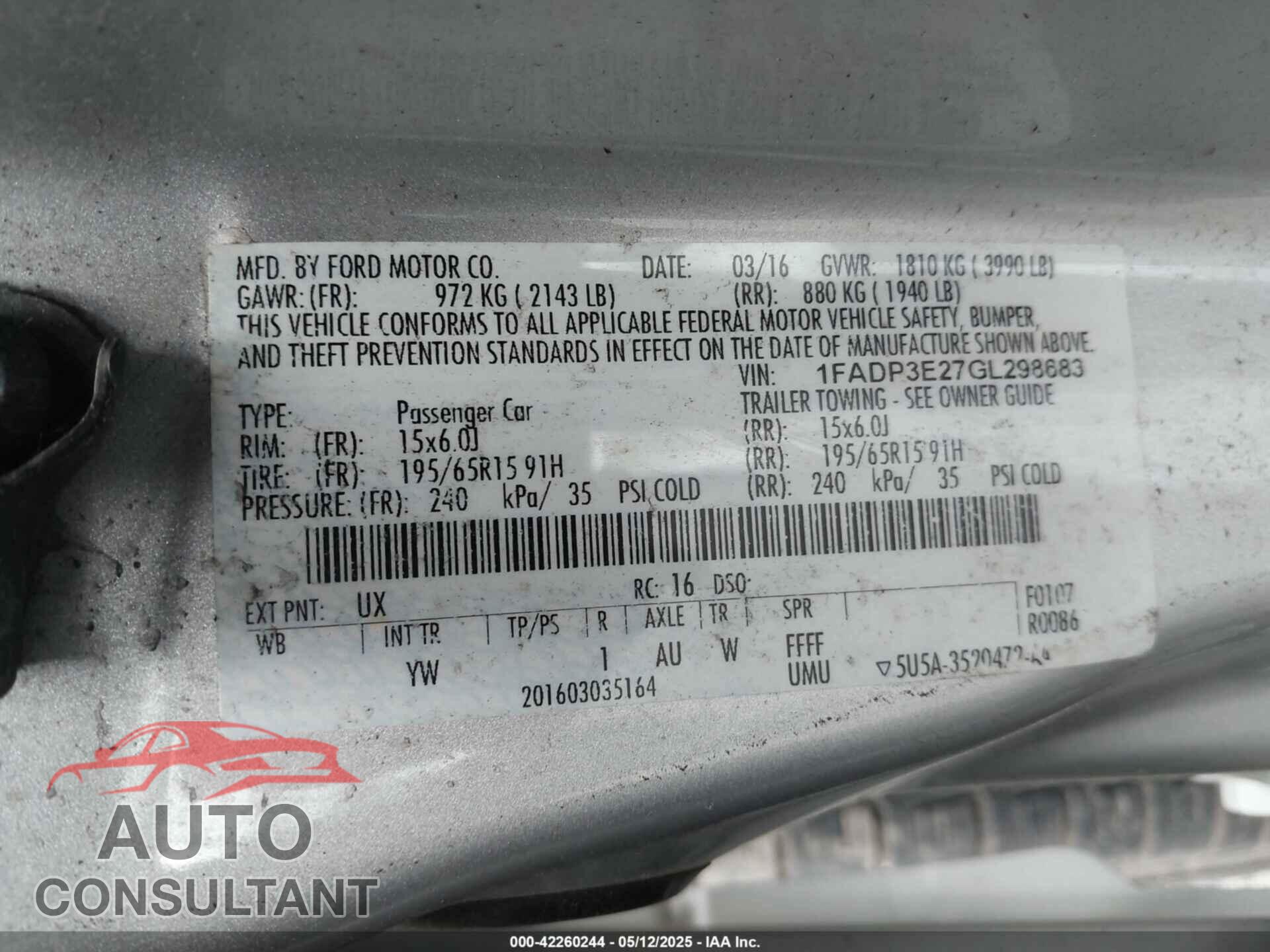 FORD FOCUS 2016 - 1FADP3E27GL298683
