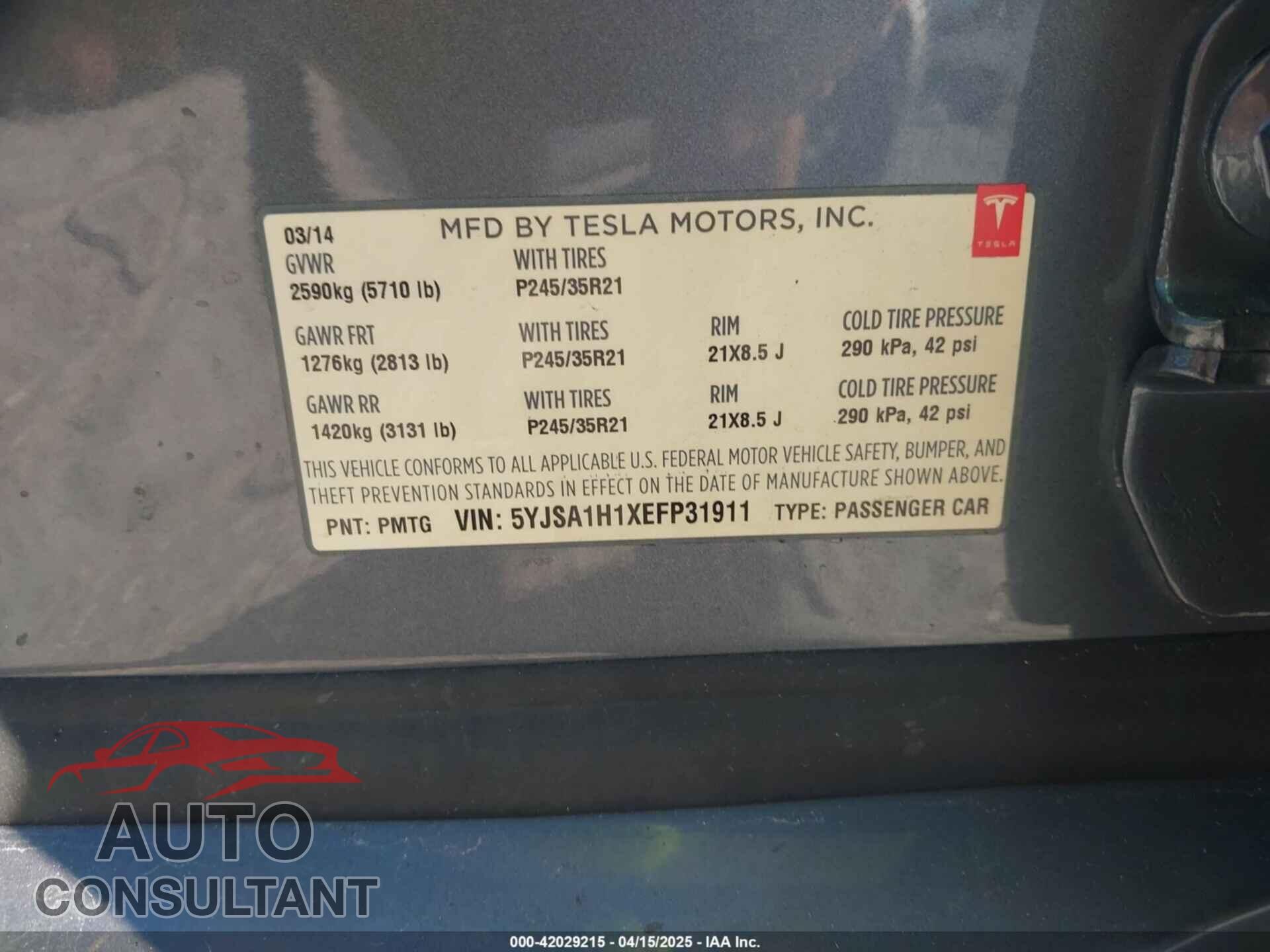 TESLA MODEL S 2014 - 5YJSA1H1XEFP31911