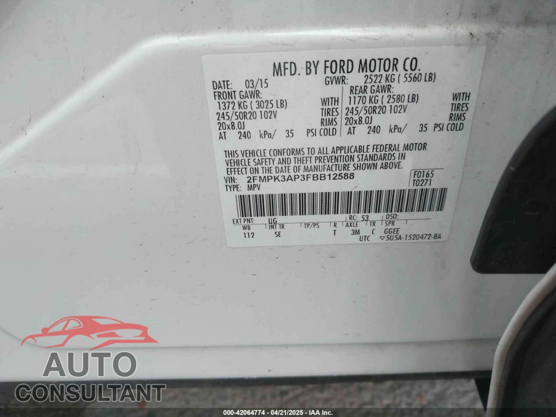 FORD EDGE 2015 - 2FMPK3AP3FBB12588