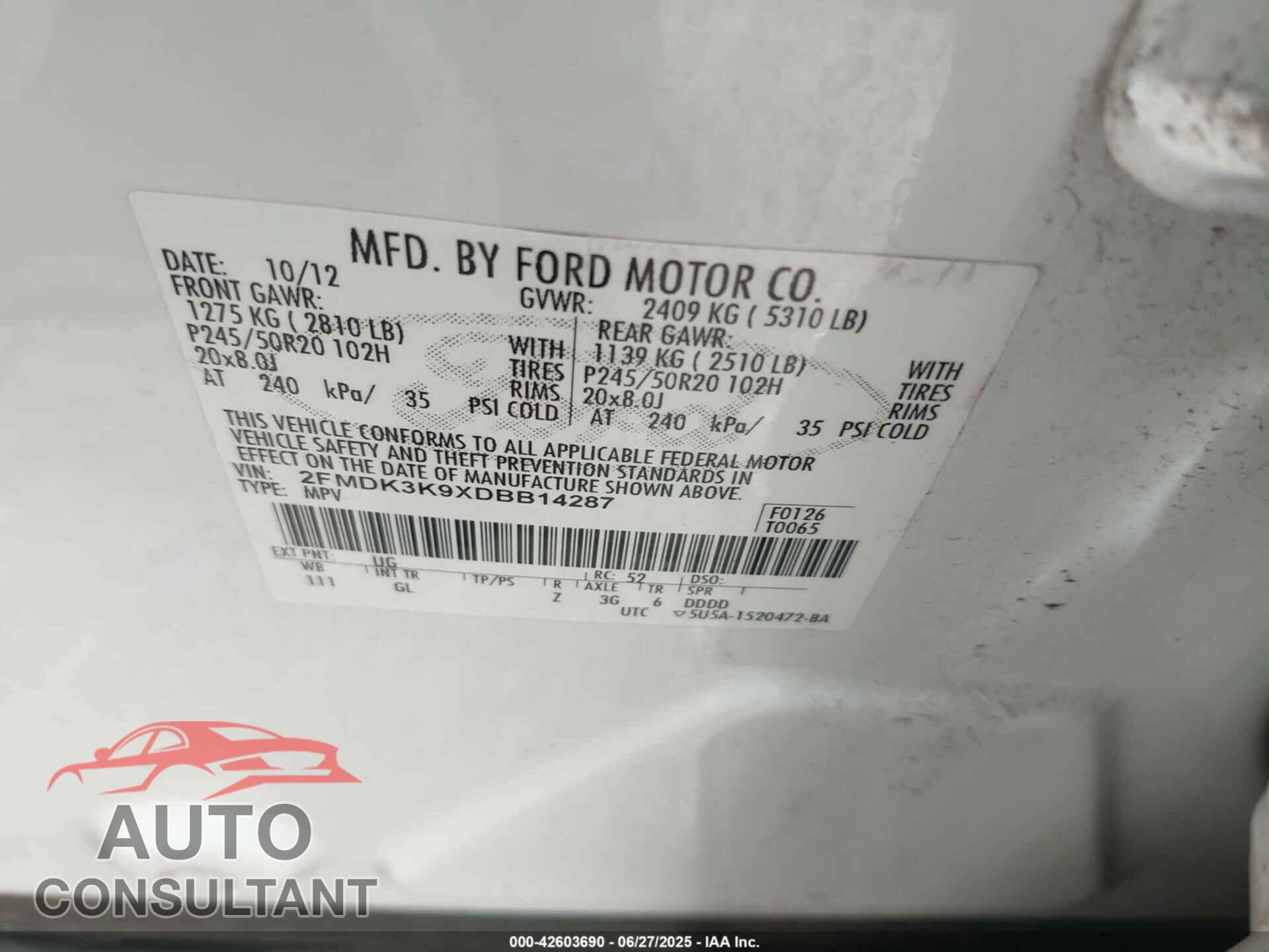 FORD EDGE 2013 - 2FMDK3K9XDBB14287