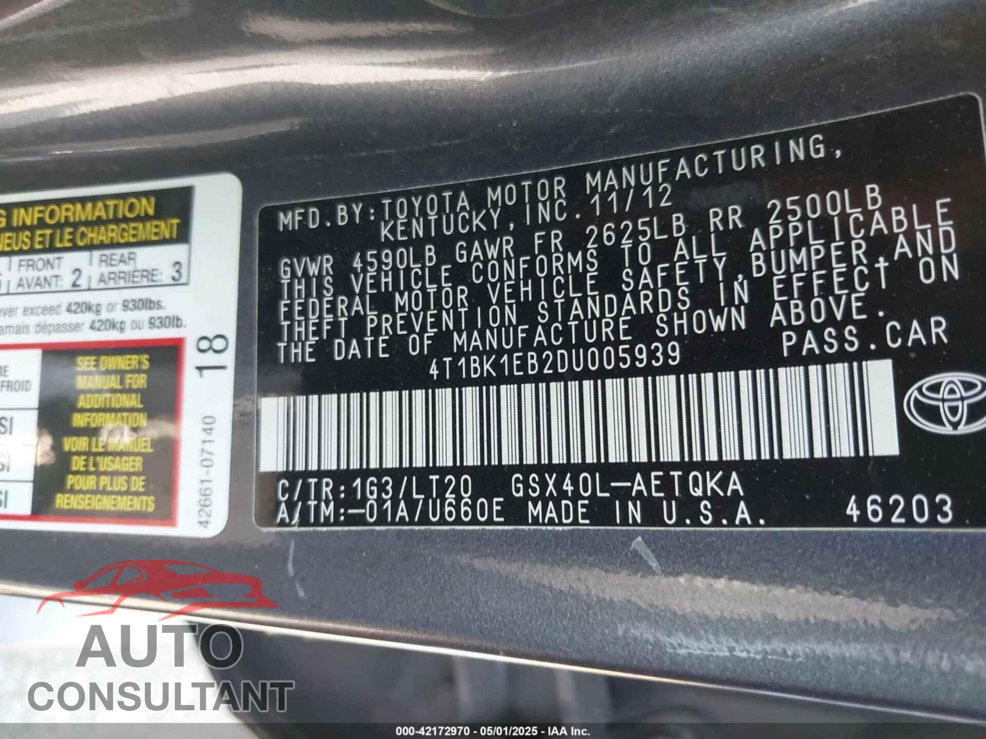 TOYOTA AVALON 2013 - 4T1BK1EB2DU005939