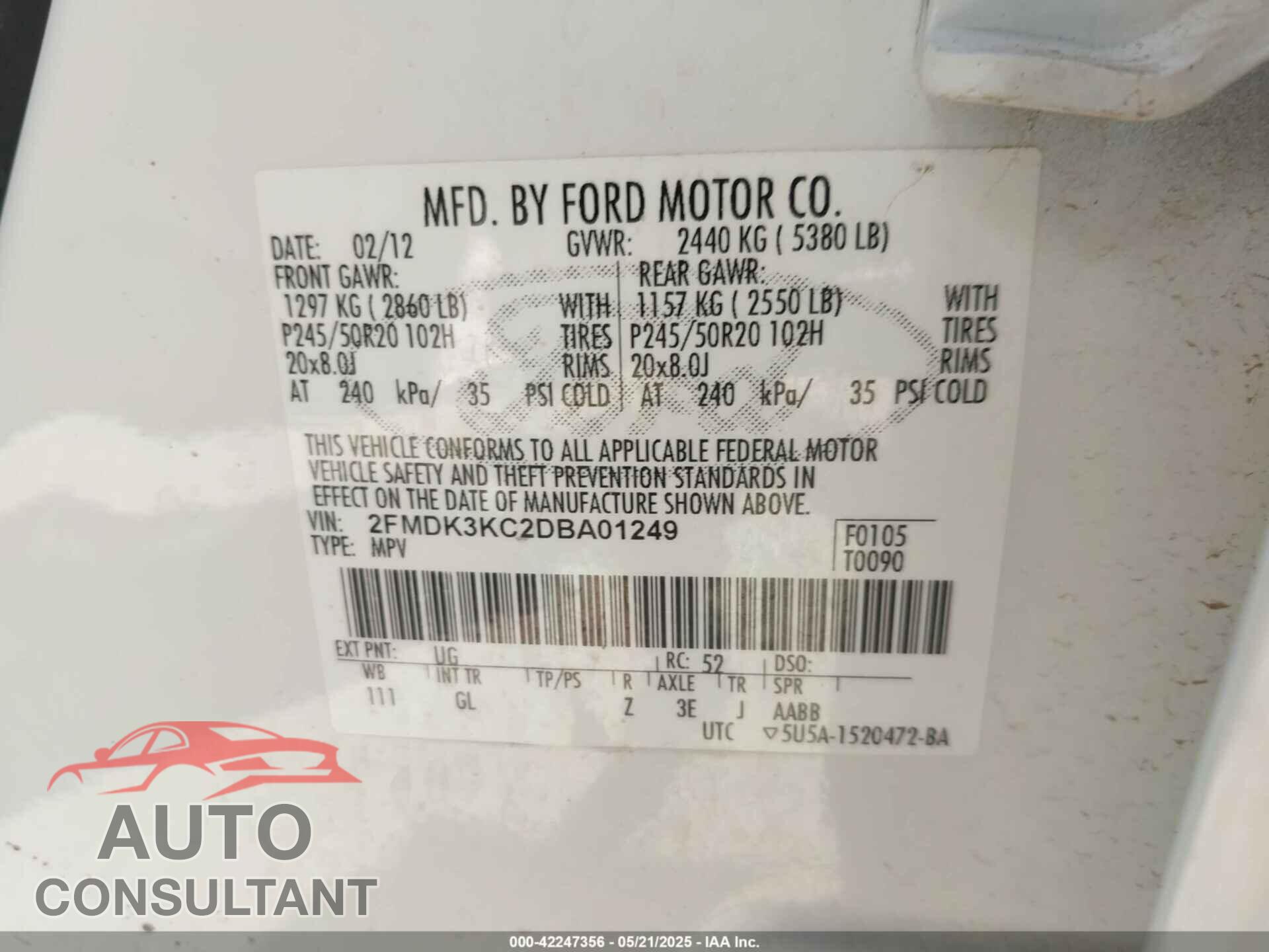 FORD EDGE 2013 - 2FMDK3KC2DBA01249