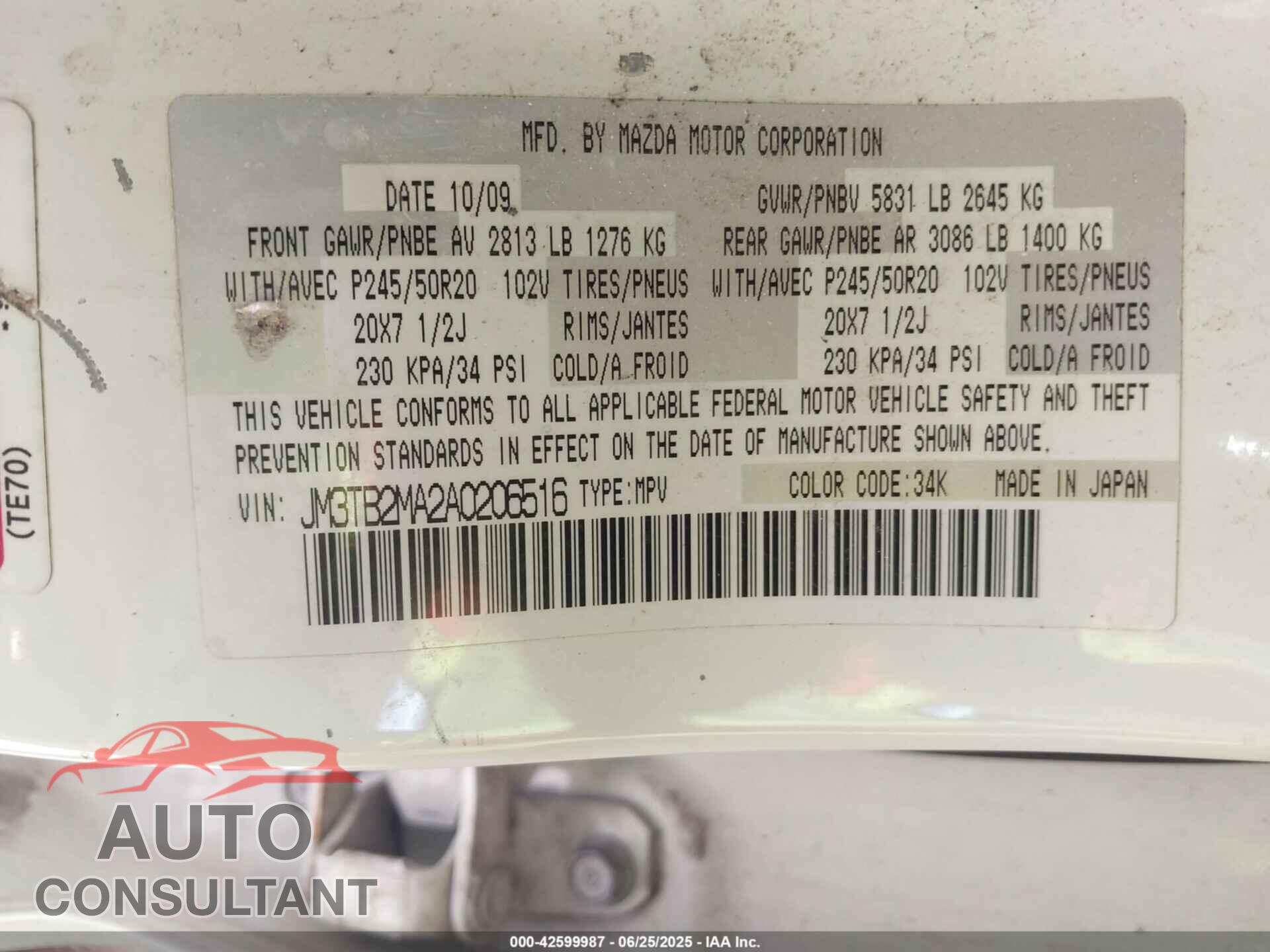MAZDA CX-9 2010 - JM3TB2MA2A0206516