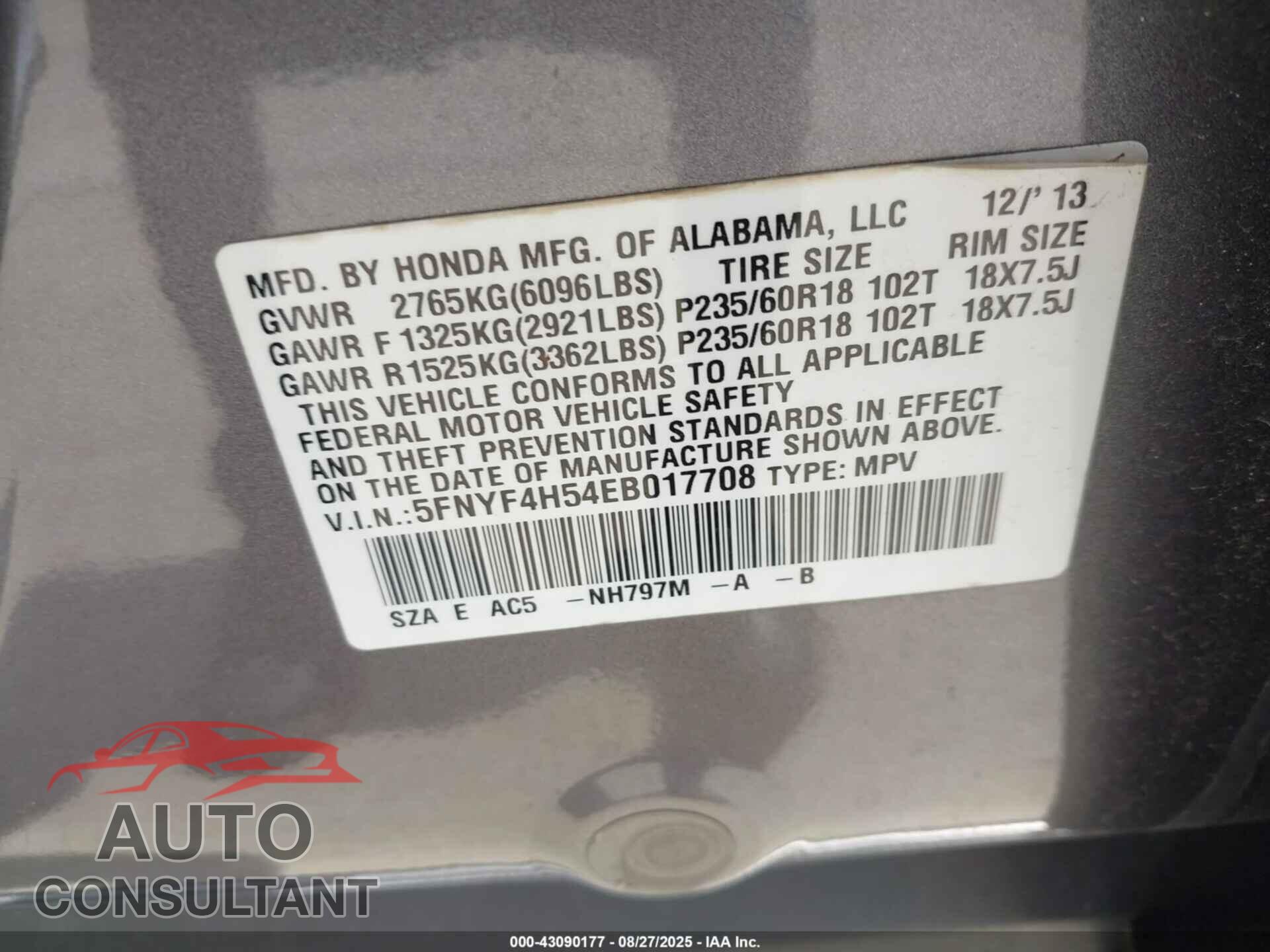 HONDA PILOT 2014 - 5FNYF4H54EB017708