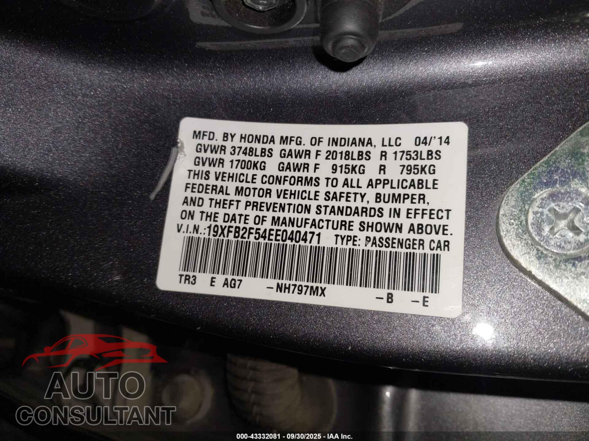 HONDA CIVIC 2014 - 19XFB2F54EE040471
