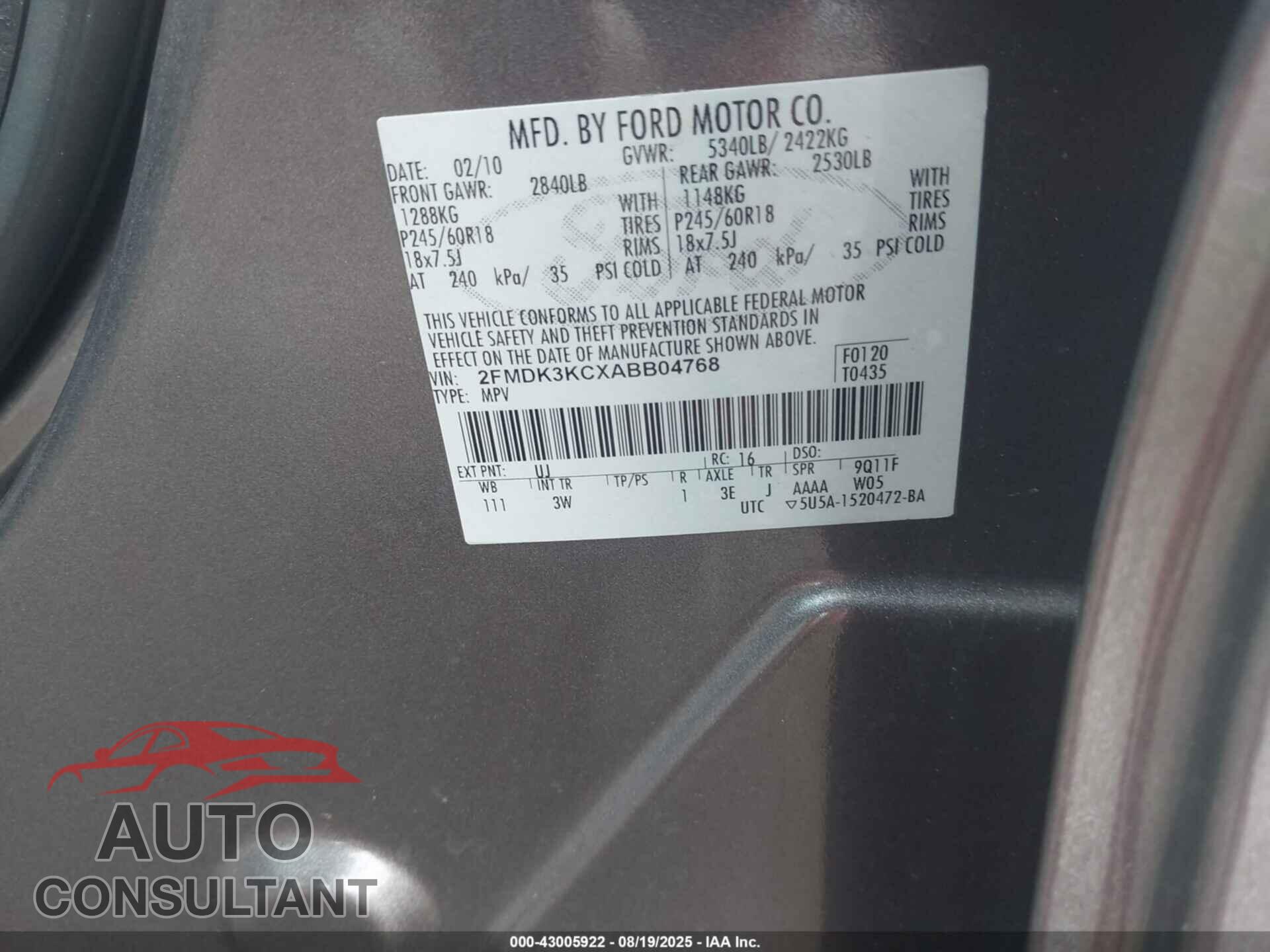 FORD EDGE 2010 - 2FMDK3KCXABB04768