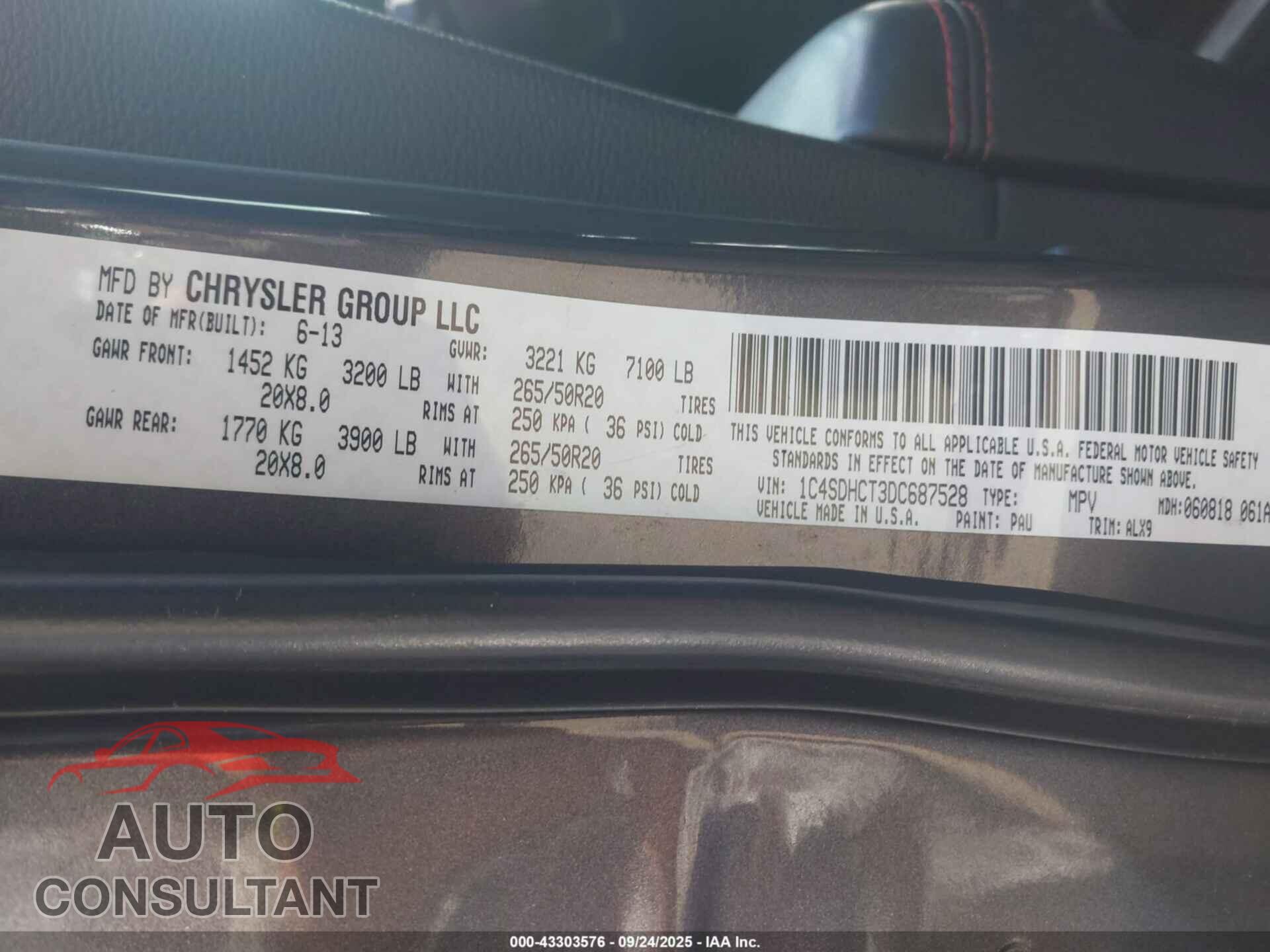 DODGE DURANGO 2013 - 1C4SDHCT3DC687528