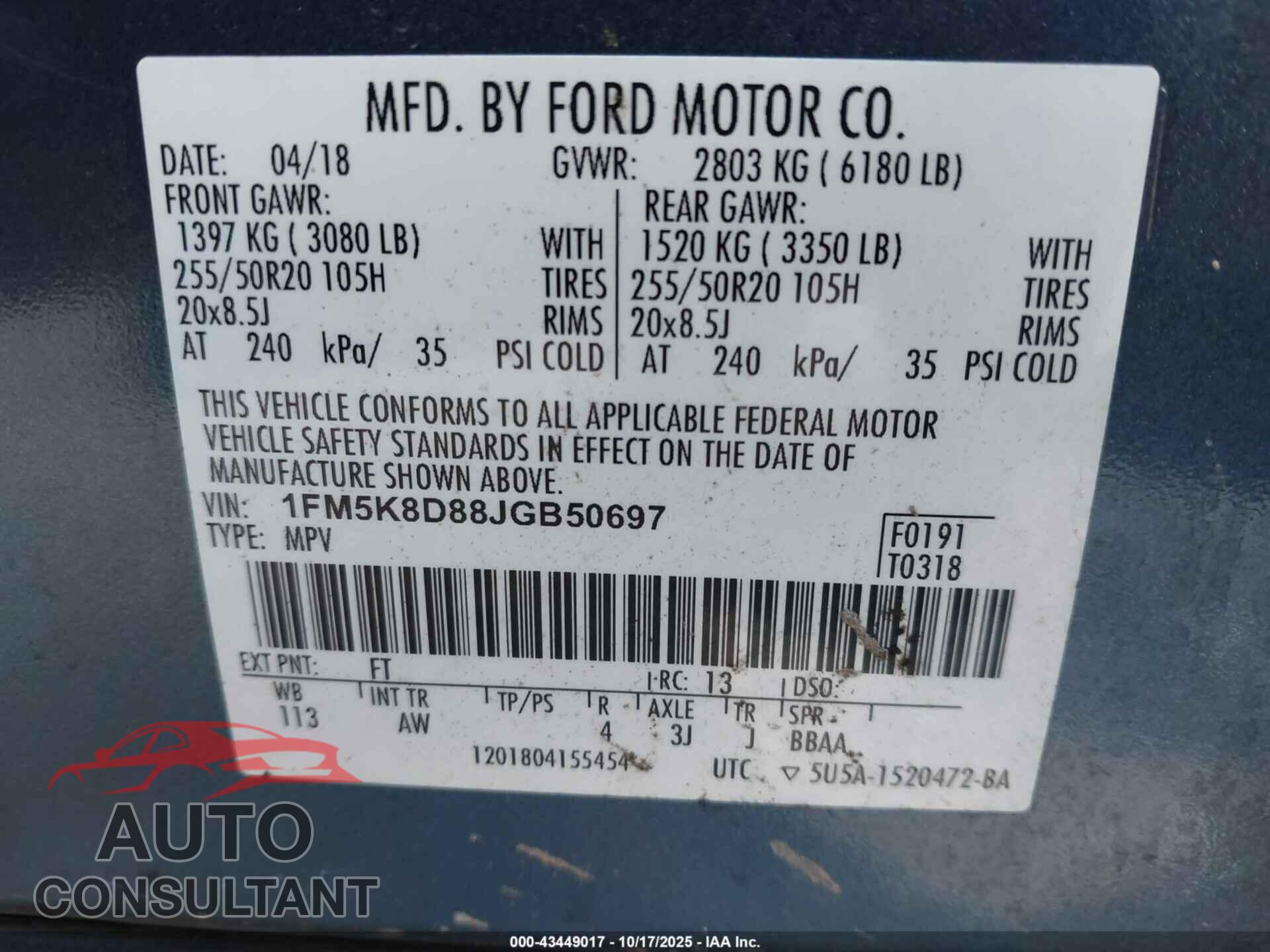 FORD EXPLORER 2018 - 1FM5K8D88JGB50697