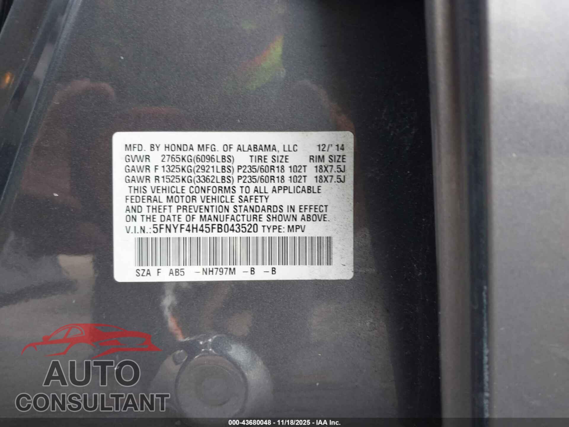 HONDA PILOT 2015 - 5FNYF4H45FB043520