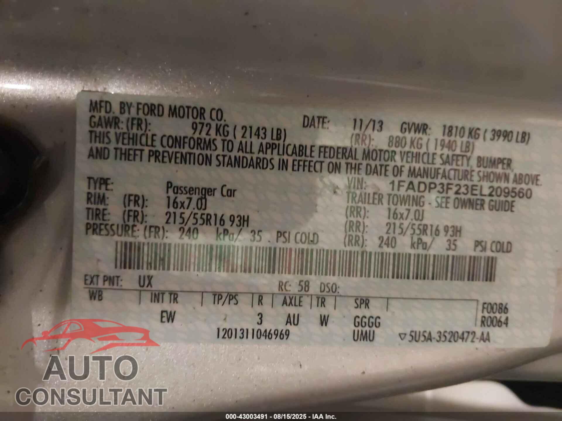 FORD FOCUS 2014 - 1FADP3F23EL209560