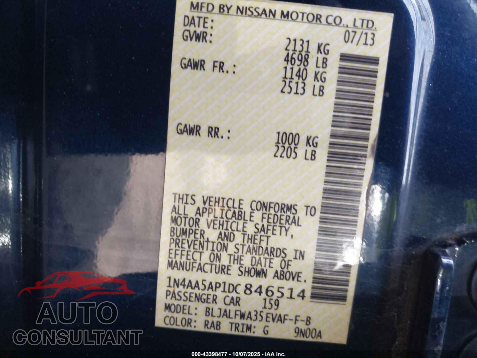 NISSAN MAXIMA 2013 - 1N4AA5AP1DC846514