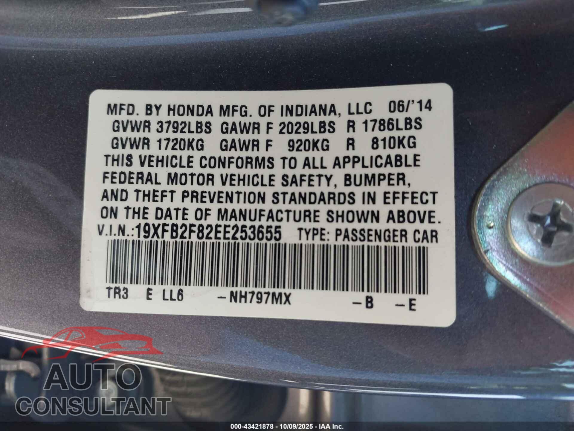 HONDA CIVIC 2014 - 19XFB2F82EE253655