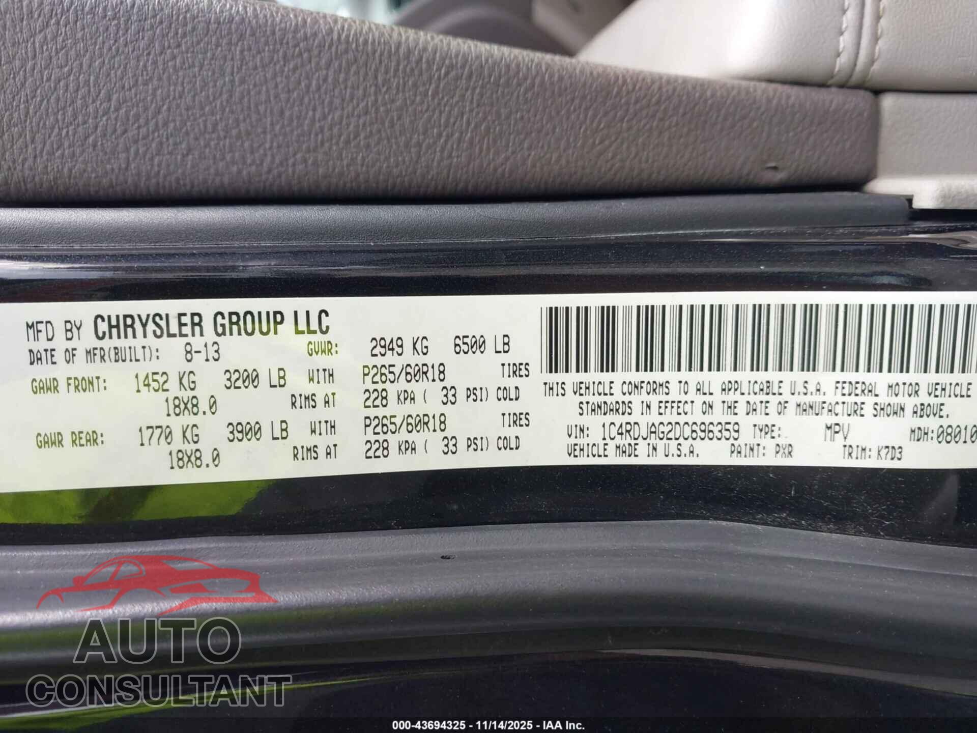 DODGE DURANGO 2013 - 1C4RDJAG2DC696359