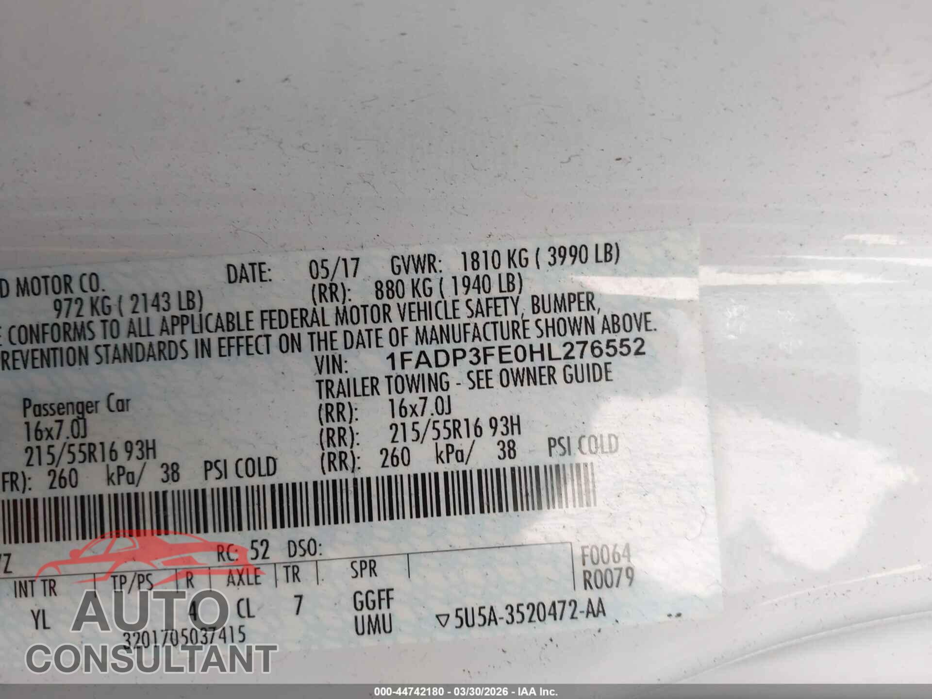 FORD FOCUS 2017 - 1FADP3FE0HL276552