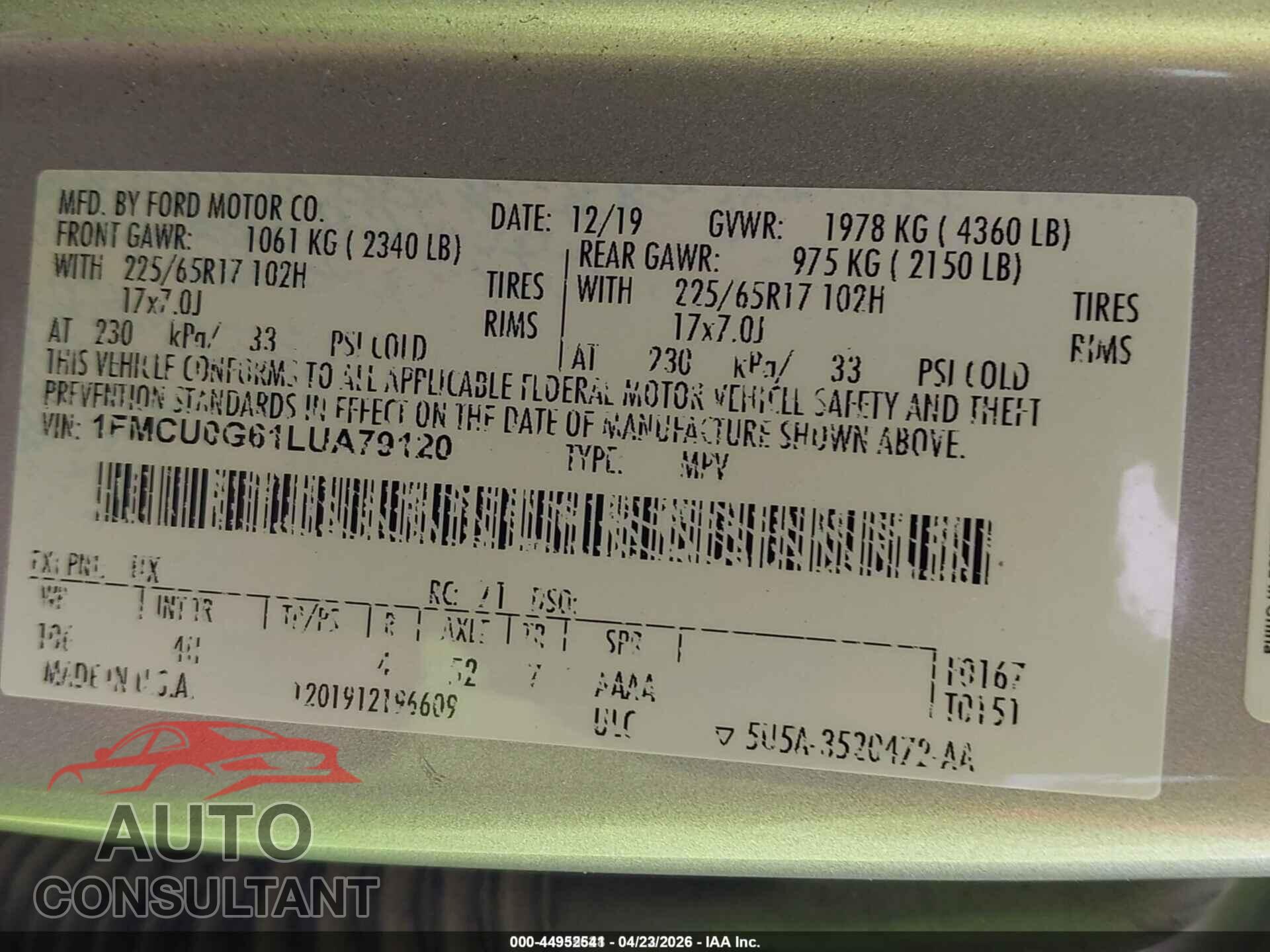 FORD ESCAPE 2020 - 1FMCU0G61LUA79120