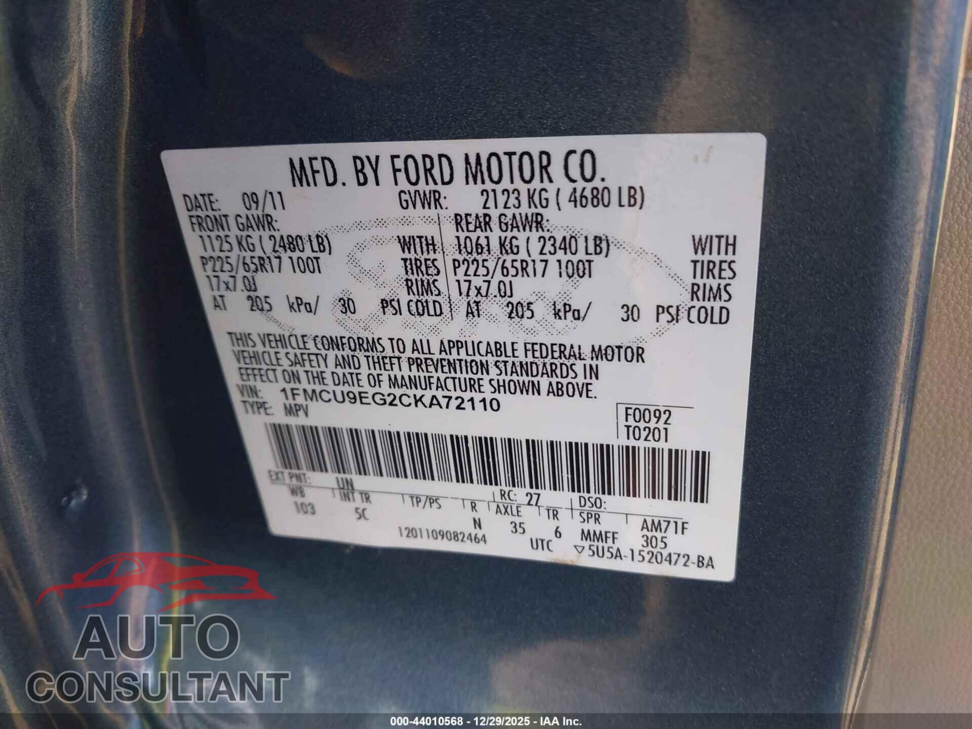 FORD ESCAPE 2012 - 1FMCU9EG2CKA72110