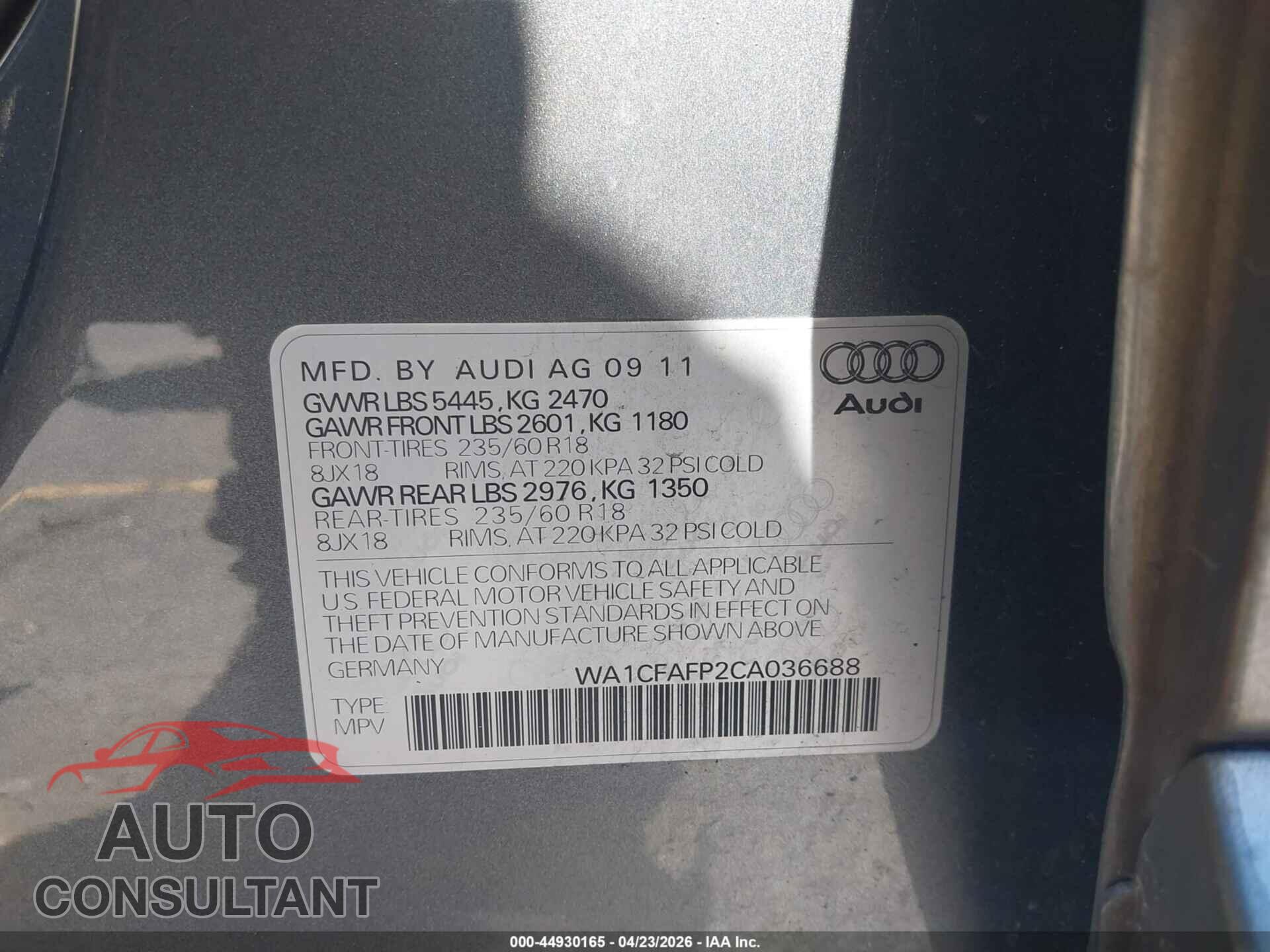 AUDI Q5 2012 - WA1CFAFP2CA036688