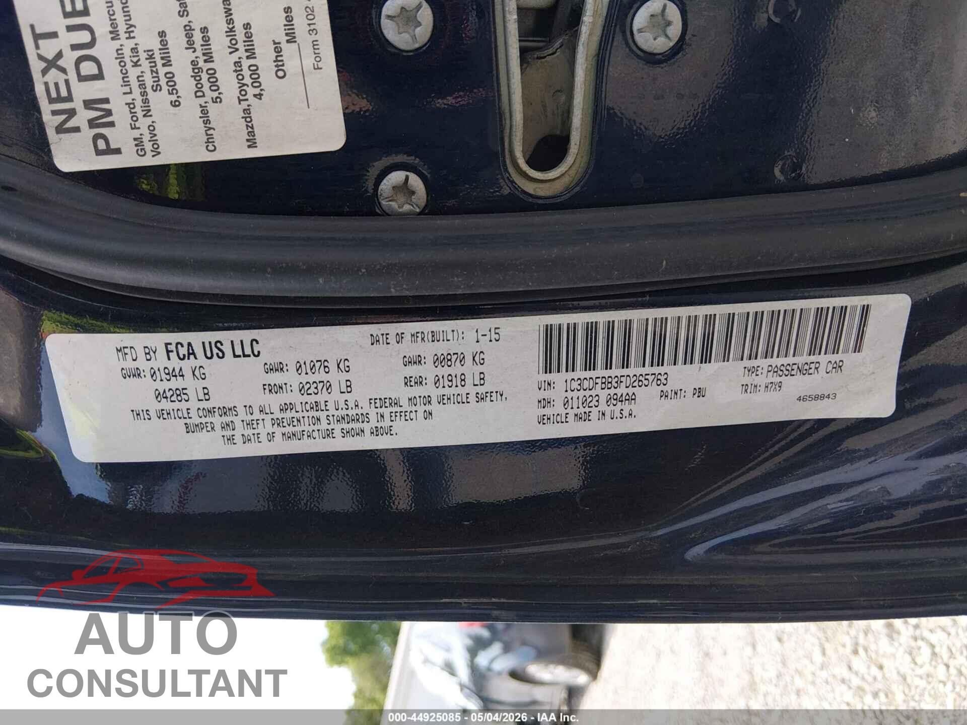 DODGE DART 2015 - 1C3CDFBB3FD265763
