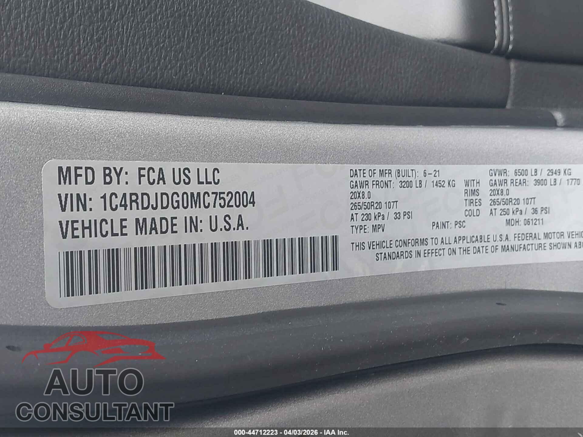 DODGE DURANGO 2021 - 1C4RDJDG0MC752004